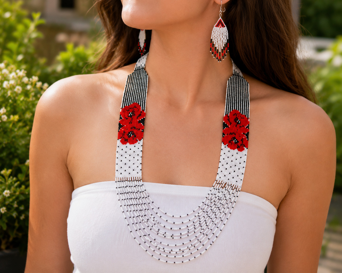Multi Strand Seed Bead Necklace Set Fringe Earrings Handmade Boho Gift