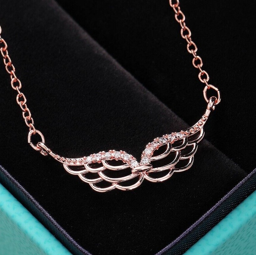 Angle Wing Shape Necklace 1.30Ct Round Simulated Diamond In 14K Rose Gold Plated