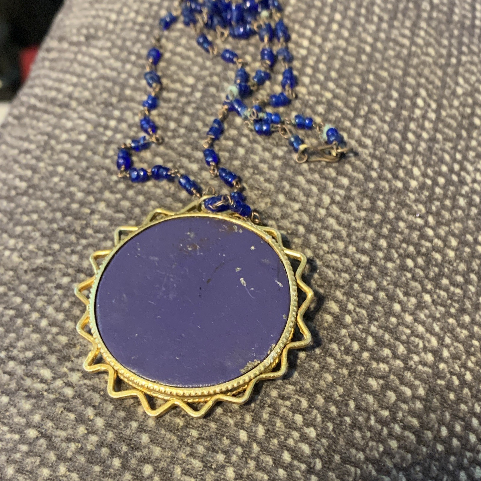 Blue Beaded Ball Chain Necklace Round Blue Mosaic Enamel Pendant Hook Closure