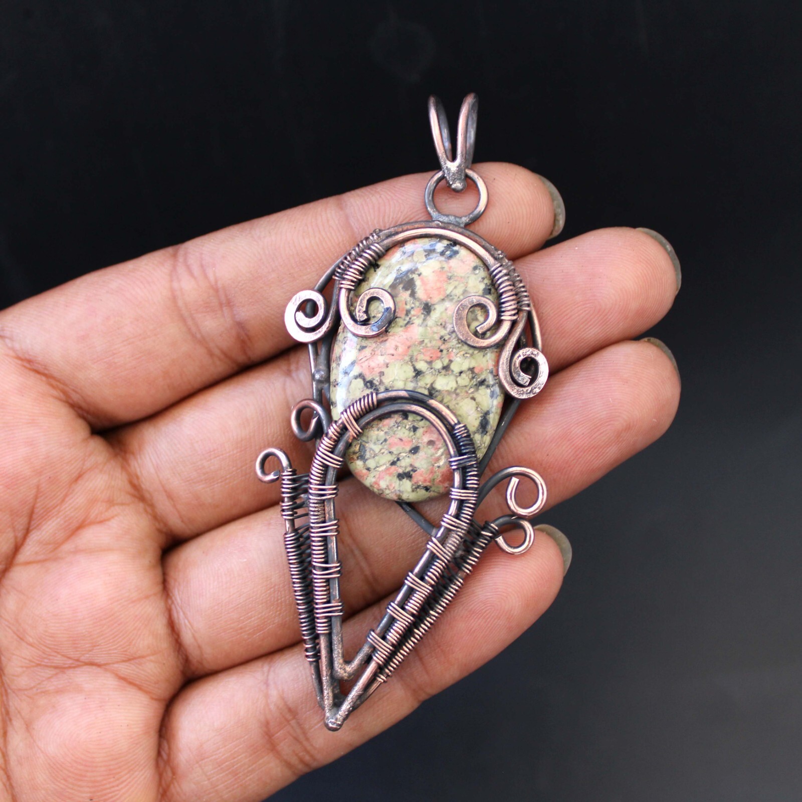 Unakite Gemstone Pendant Copper Wire Wrapped Pendant Jewelry Anniversary Gift