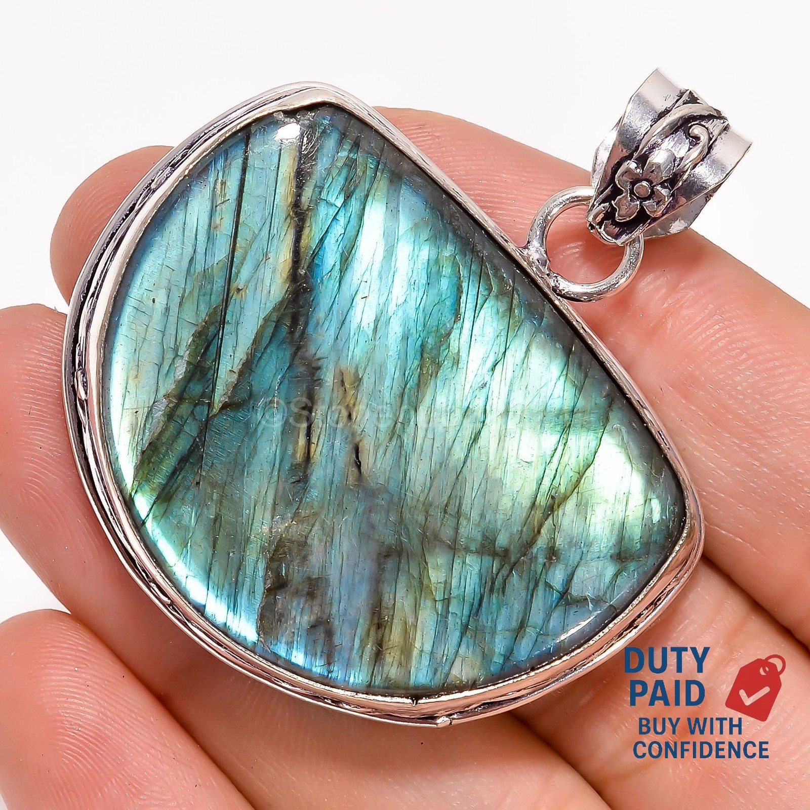 925 Silver Natural Labradorite Daughter Anniversary Channel Set Pendant Jewelry