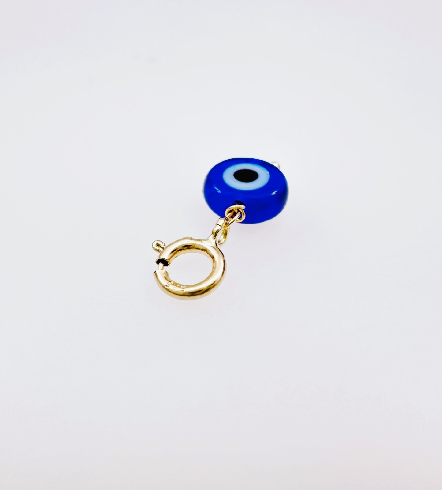 14K Solid Yellow Gold Millefiori Glass Blue Evil Eye Charm Pendant Spring Clasp
