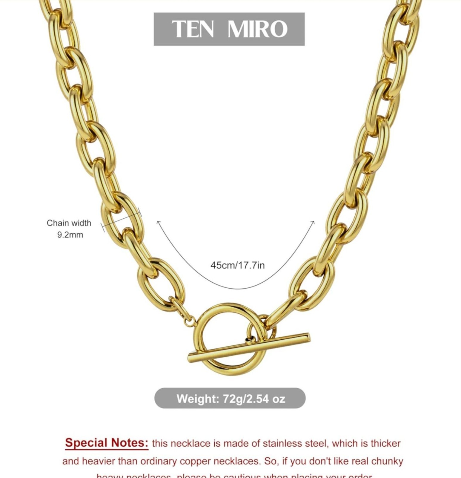 18k Gold Plated Stainless Steel Chic Chain Necklace with Toggle Clasp 011626