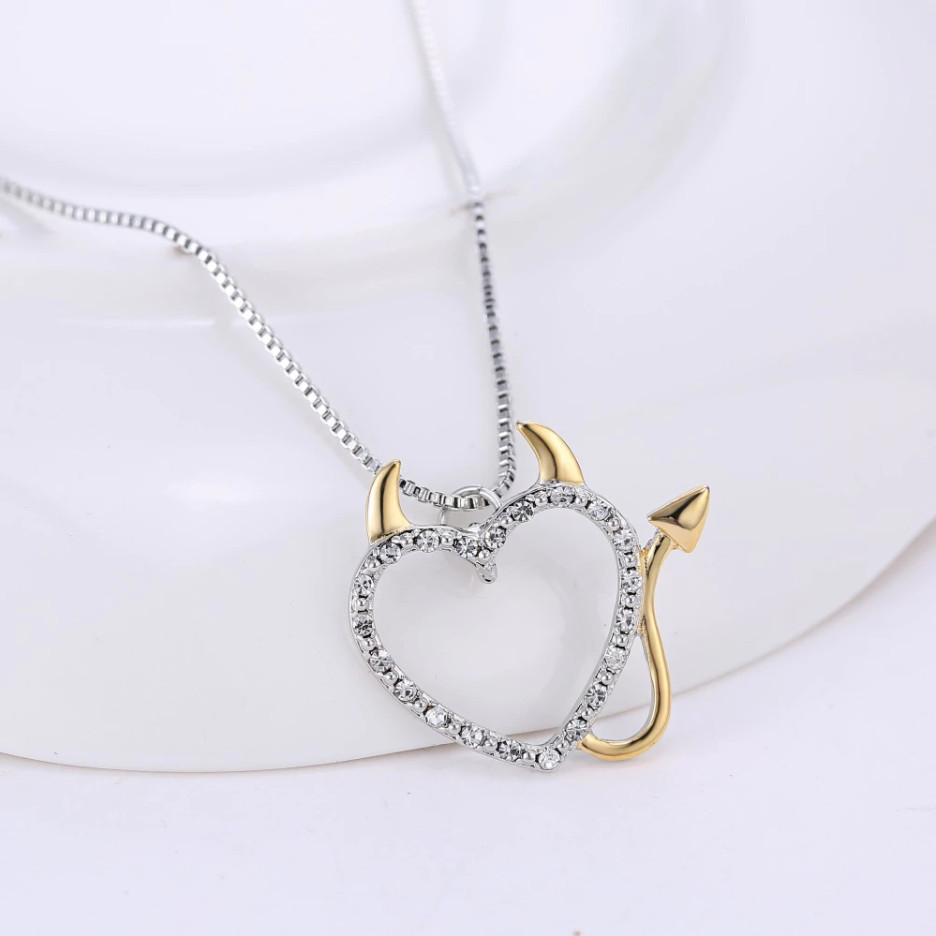 DEVIL LOVE HEART CRYSTAL PENDANT NECKLACE WITH HORNS SILVER & GOLD