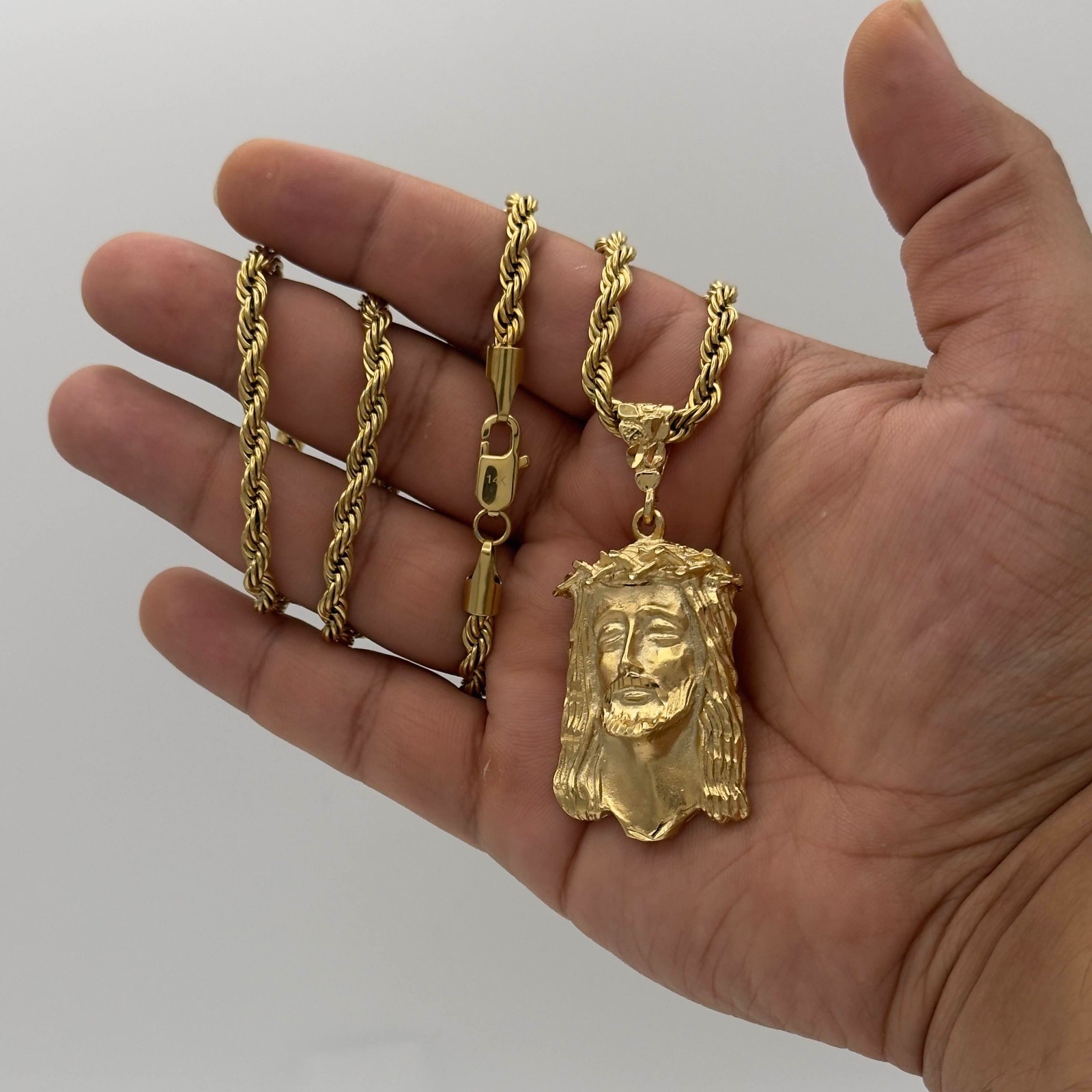 Large Gold Jesus Necklace For Men, 14K Heavy Plated Gold 5mm Rope Chain, No Fade