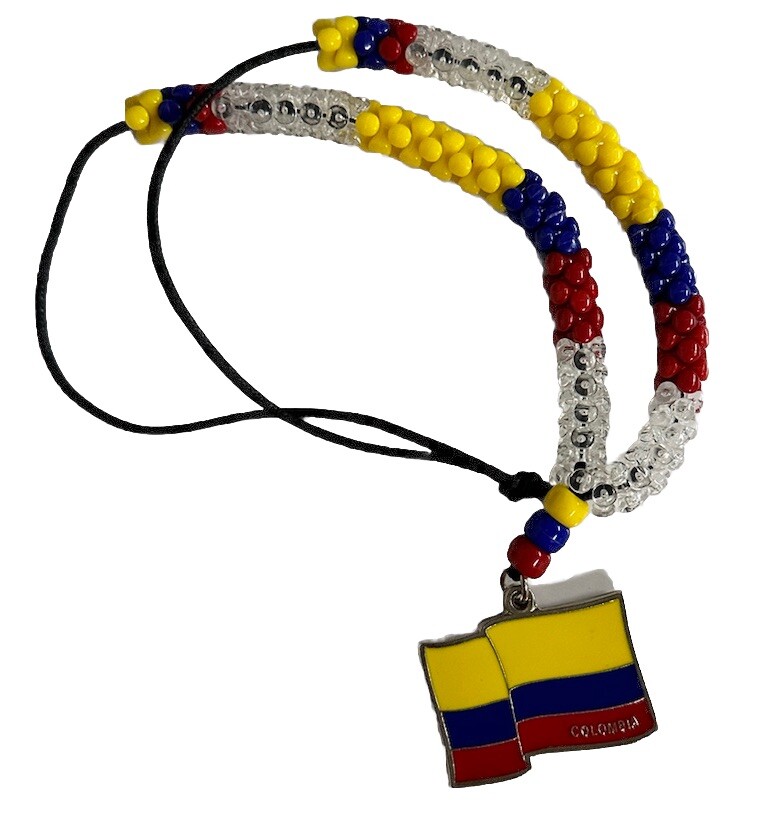COLOMBIA FLAG COLOR Necklace Pendant With 14” BEADED In Leather String