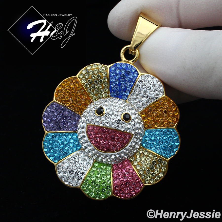 Stainless Steel Rainbow Rhinestone Happy Face Flower Gold Plated Pendant*GP126