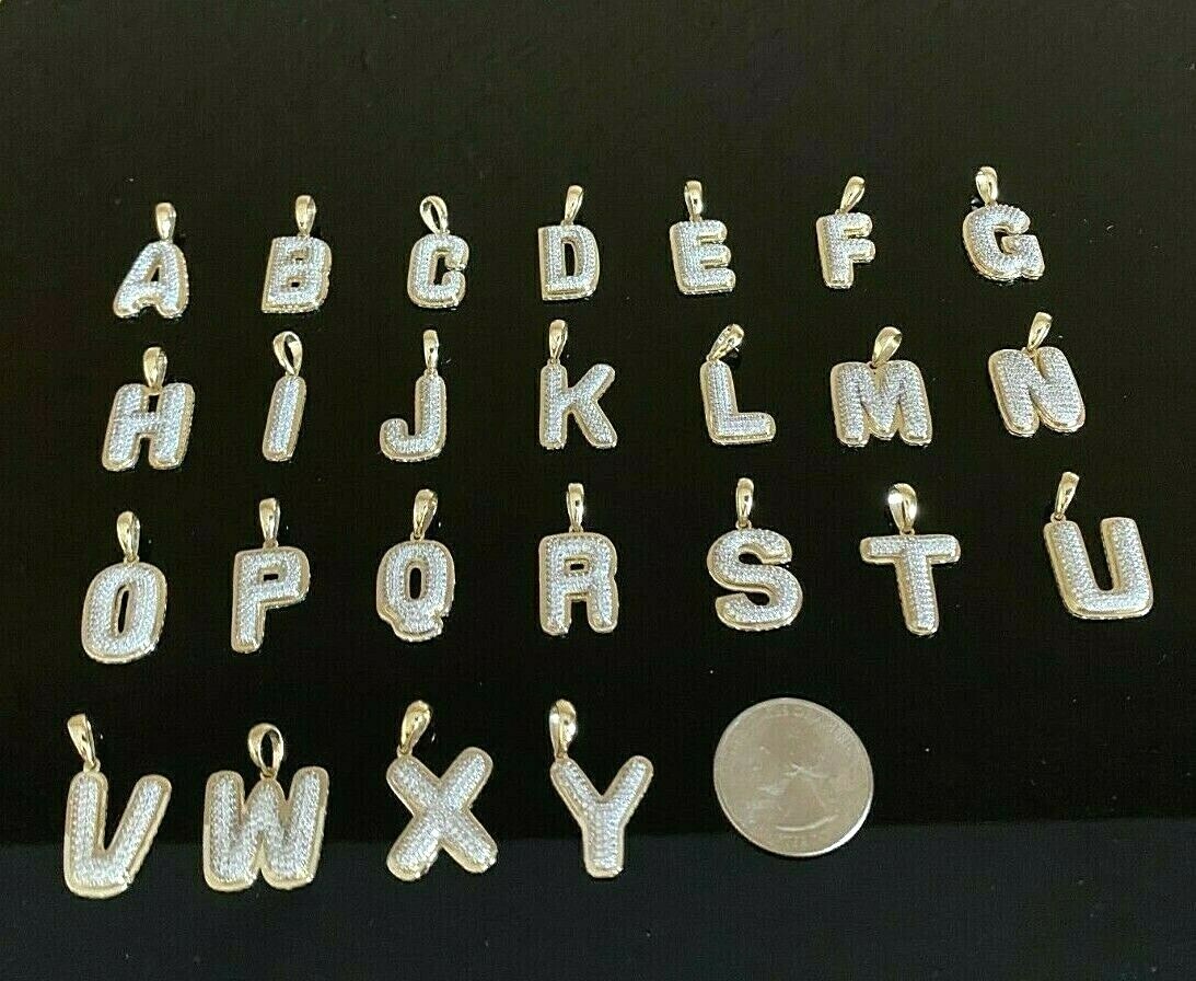 10k Solid Yellow Gold Bubble Initial A to Z Alphabet CZ Pendant Charm