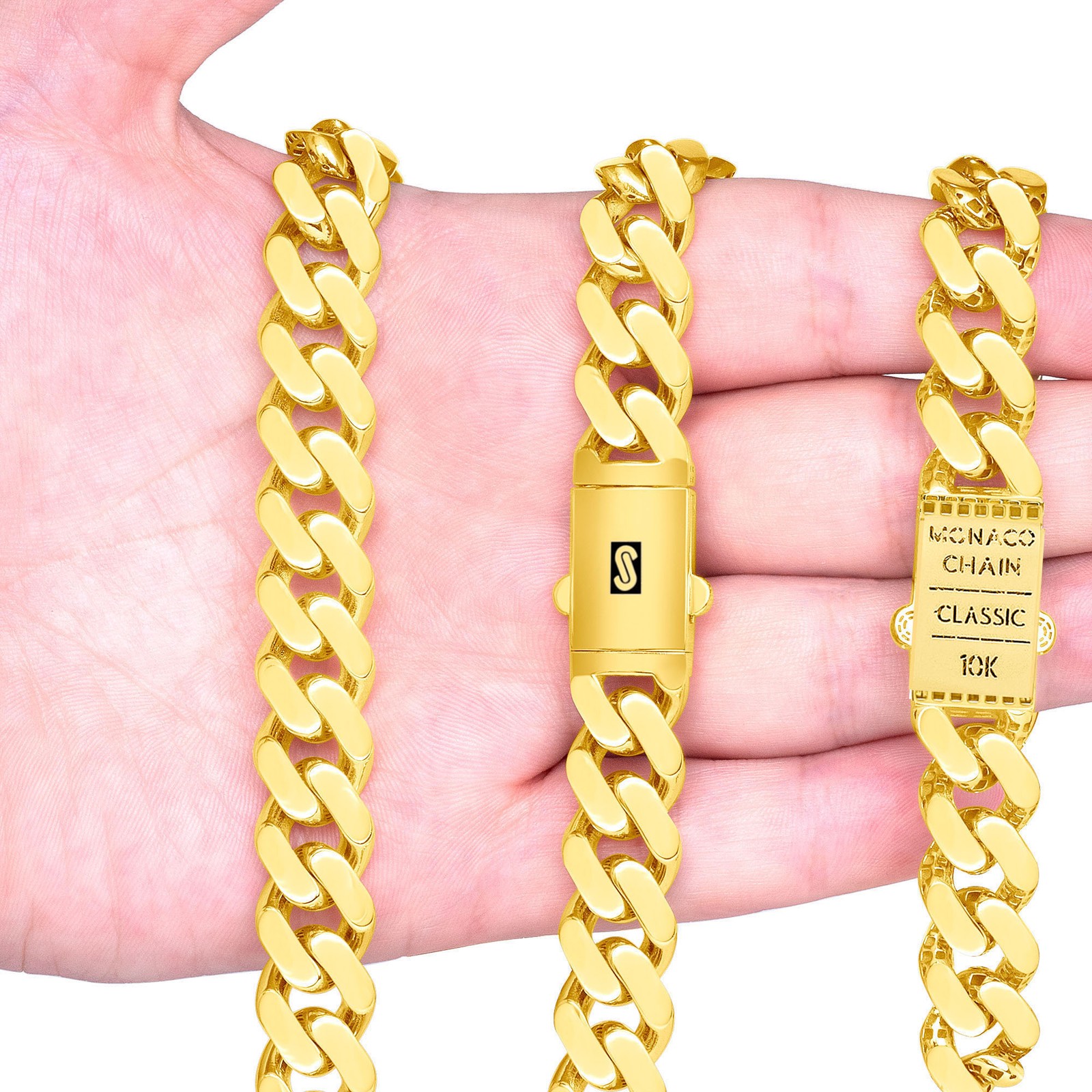 10K Yellow Gold Miami Cuban Royal Monaco Link Chain Necklace 5mm-20mm, 16″- 30″