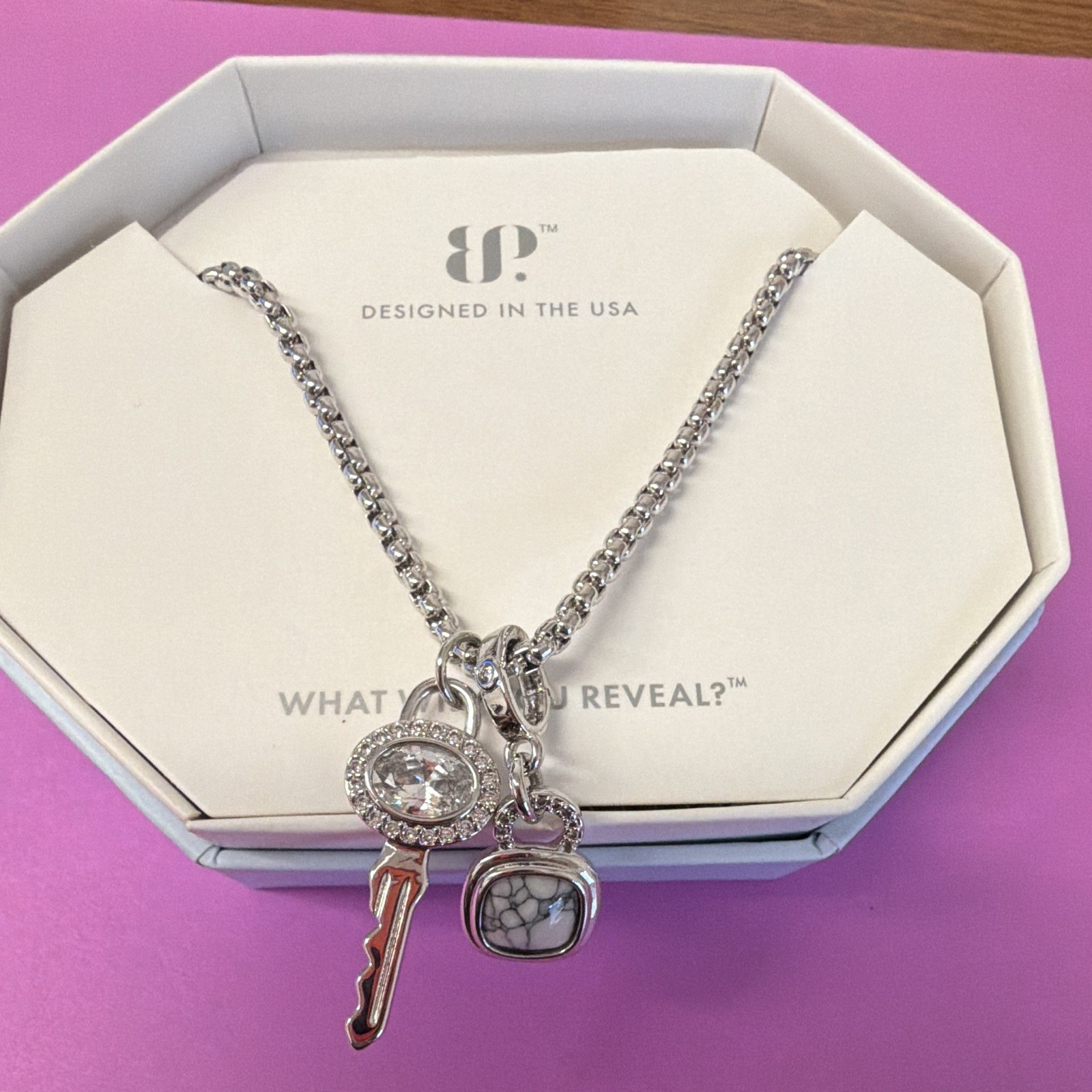 Bomb PartyNK56635 Key Pendant Necklace Rhodium Plated Howlite Magnesite