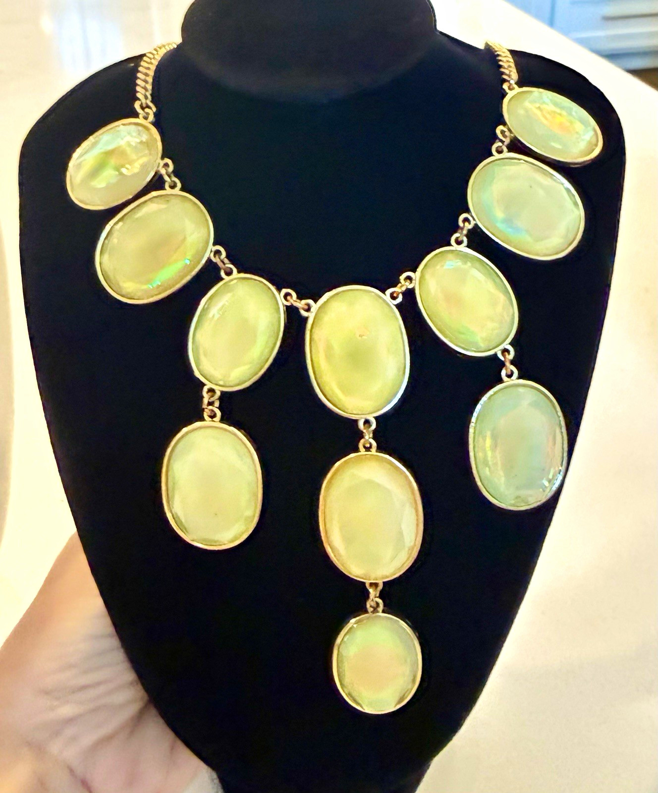 Gold Tone Curb Link Chain Bib Statement Necklace, Oval White Stones, Lobster