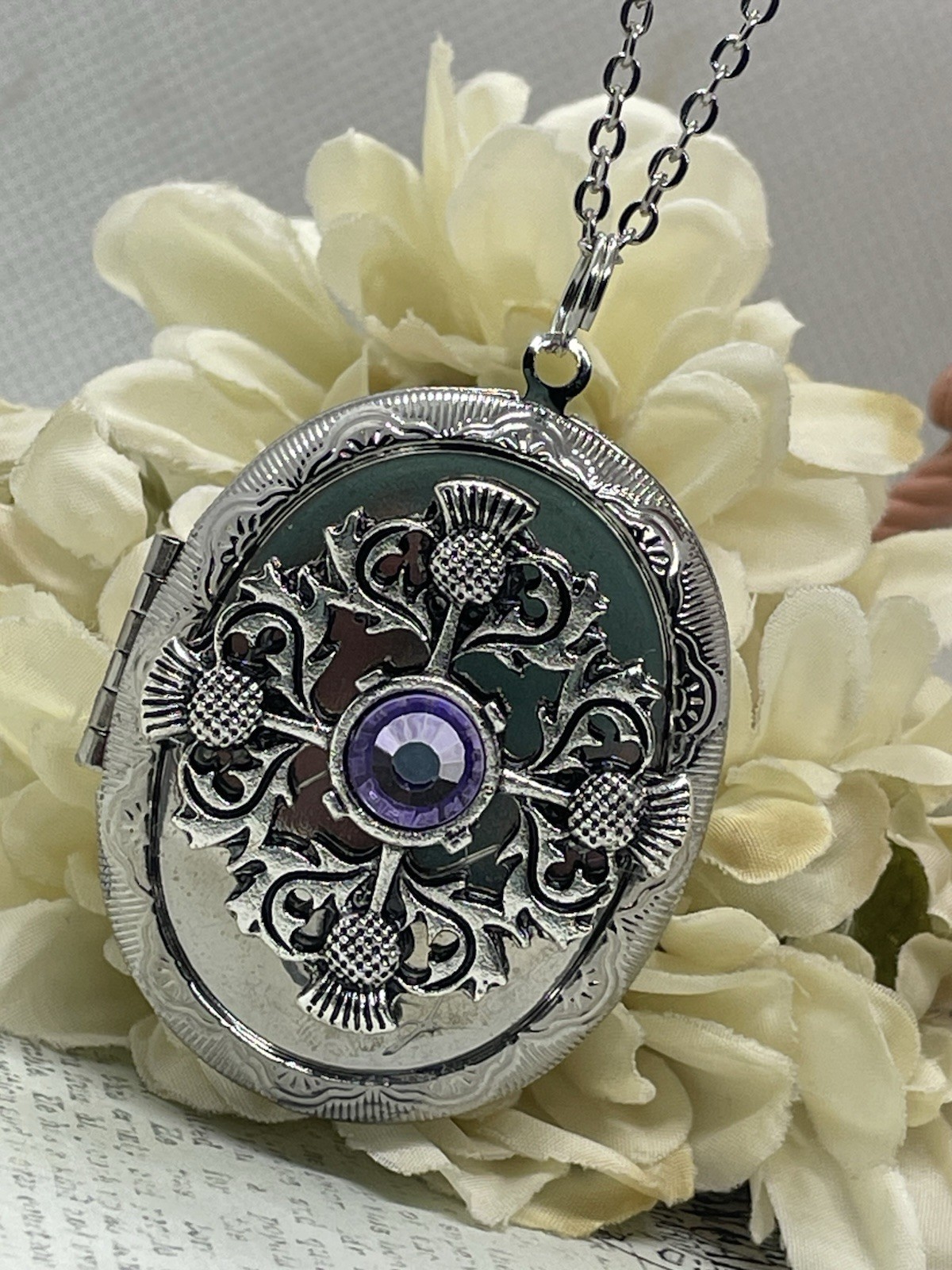 Silver Purple SCOTTISH THISTLE Scotland LOCKET NECKLACE CAMEO PHOTO CELTIC gift