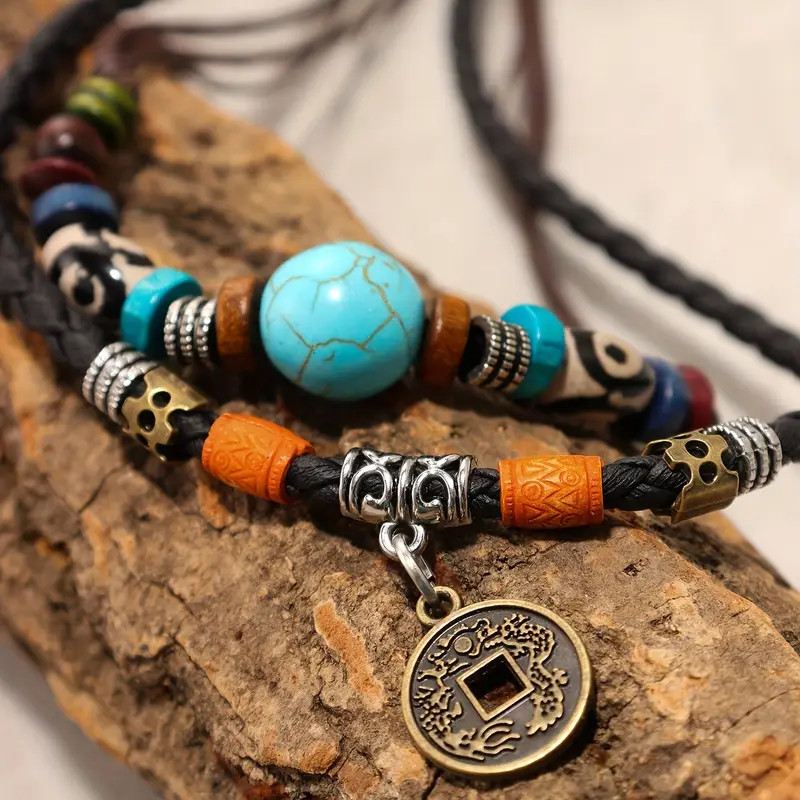 Western Layered Boho Wood Beads Copper Coin Choker Necklace