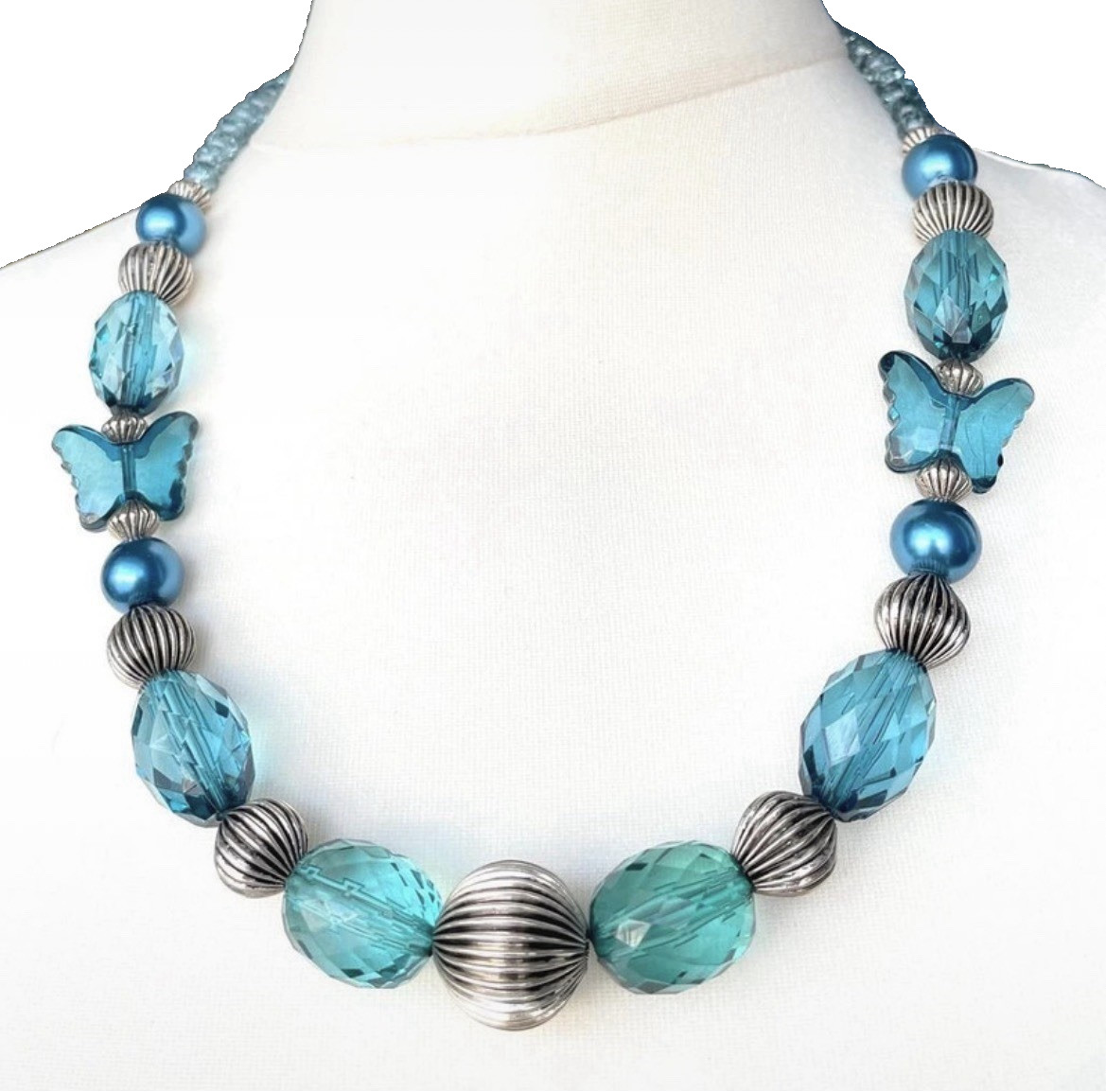 Handmade Teal Blue Crystal Butterfly Bead Statement Necklace Silver Tone 48cm