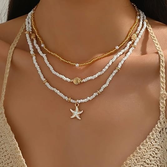 Boho Shell Starfish Layered Necklace Women Gold Plated Beach Jewelry