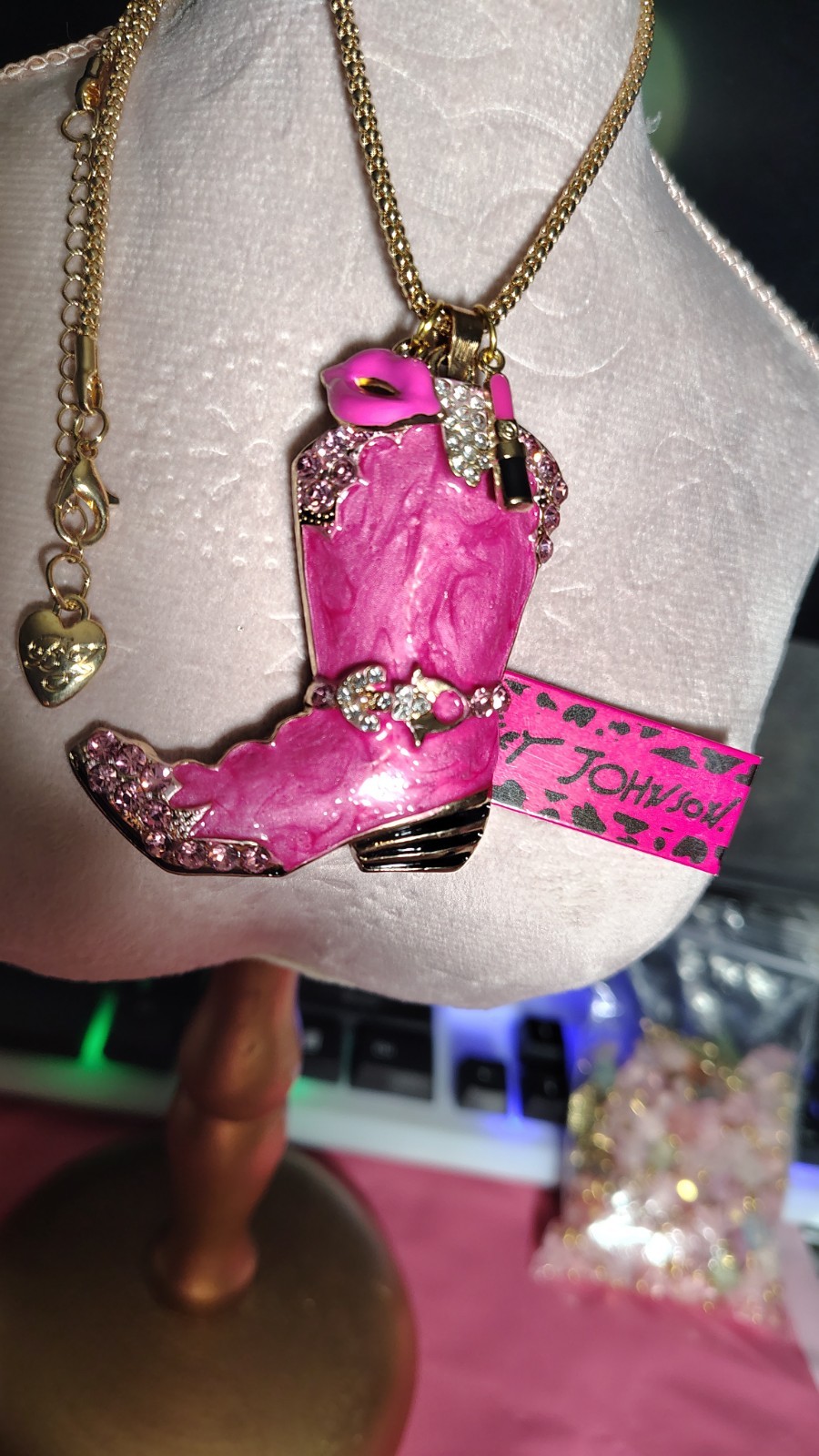 Betsey Johnson Pink Rhinestone Boot With Lips Lipstick Charms Necklace
