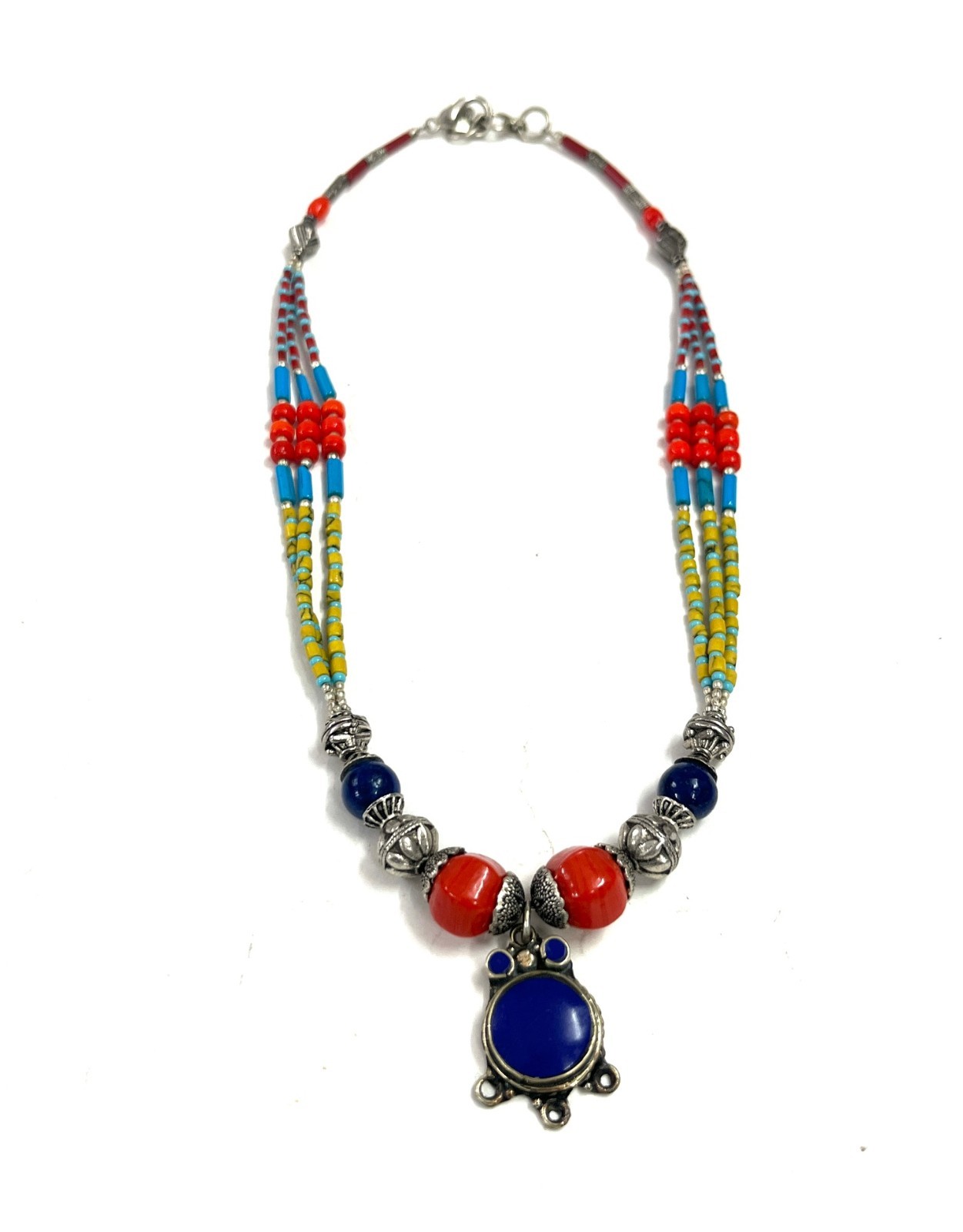 Antique Lapis Coral Gemstone Tibetan Traditional Necklace Jewelry, 16 Inc Adjs