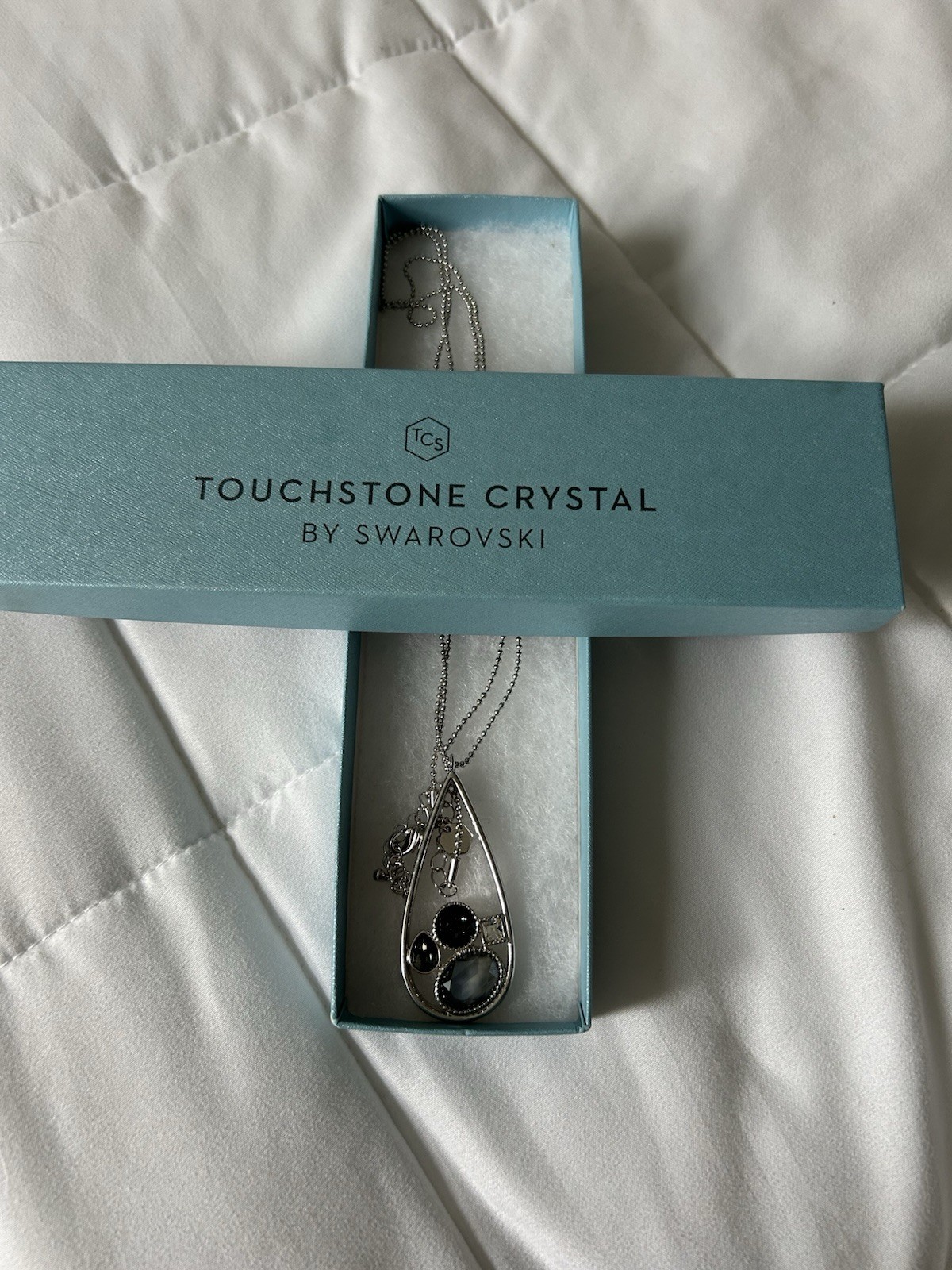 Touchstone Crystal by Swarovski Silver Plated Teardrop Pendant Black Crystal 18”