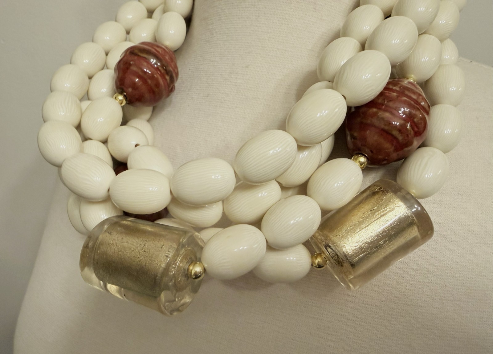 Cream Color Resin Beads & Large Gold Foil Acrylic Multi Strand Necklace