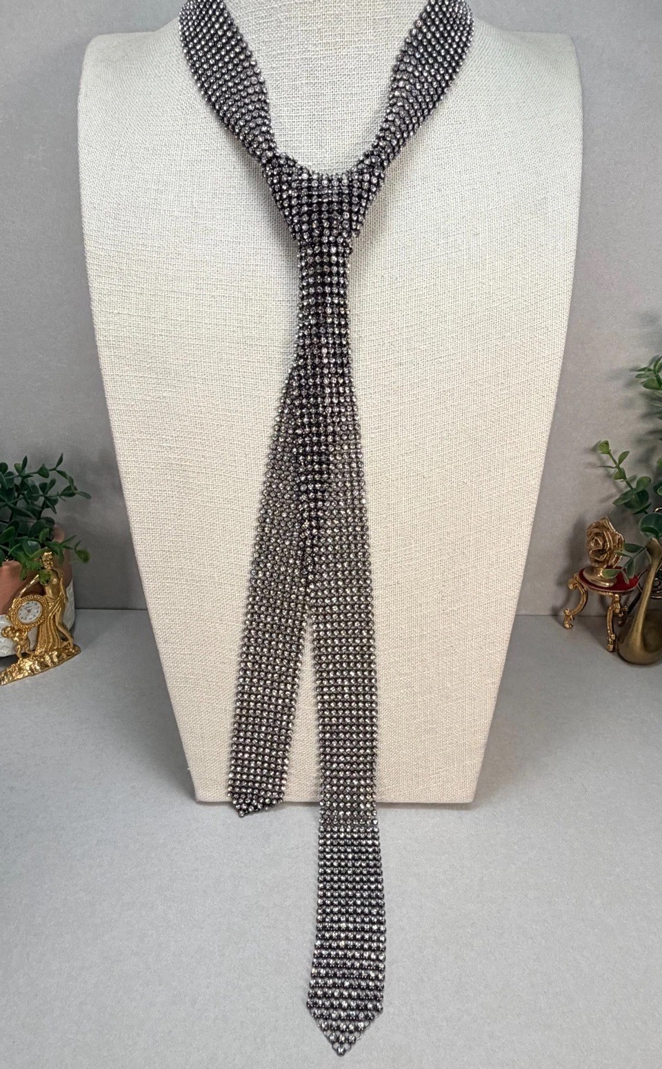 ZARA NWOT Silver Crystal Rhinestone Necktie Statement Necklace Runway Glam