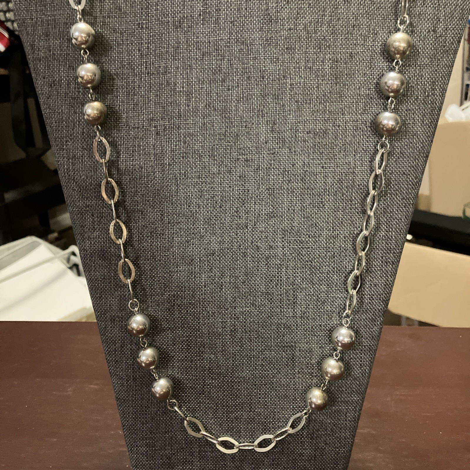 Bold Silver Beaded Statement Necklace Extra Long 36 Inch Anniversary Gift