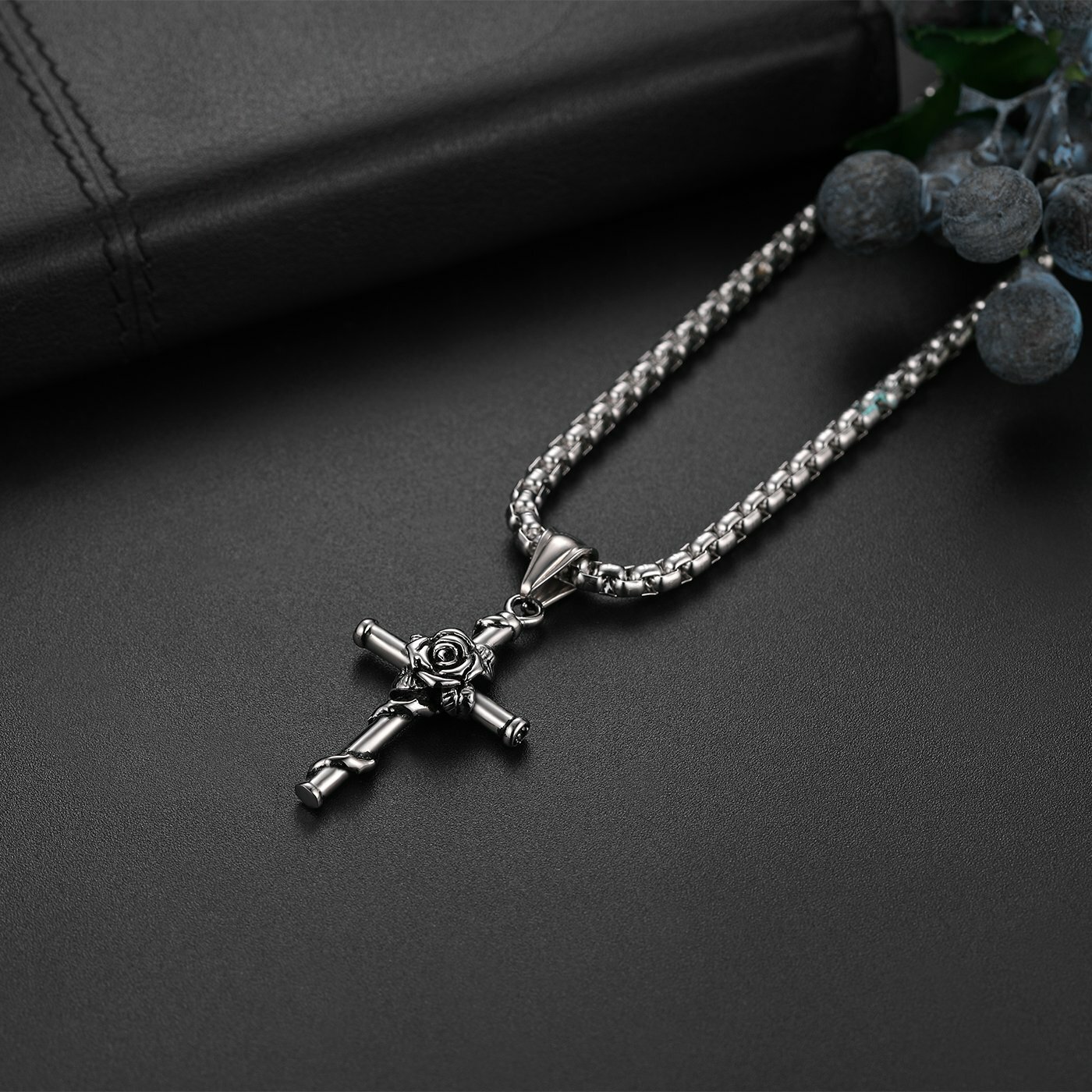 Mens Womens Retro Cast Rose Cross Stainless Steel Pendant Necklace Chain Jewelry