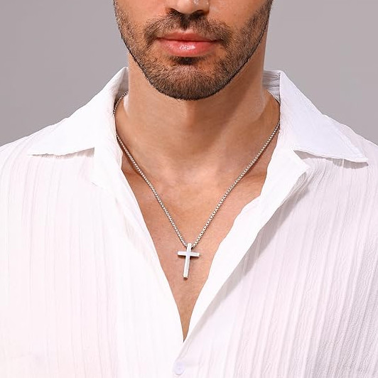 Monily Birthday Gifts for Dad Cross Necklace for Men Silver Stainless Steel