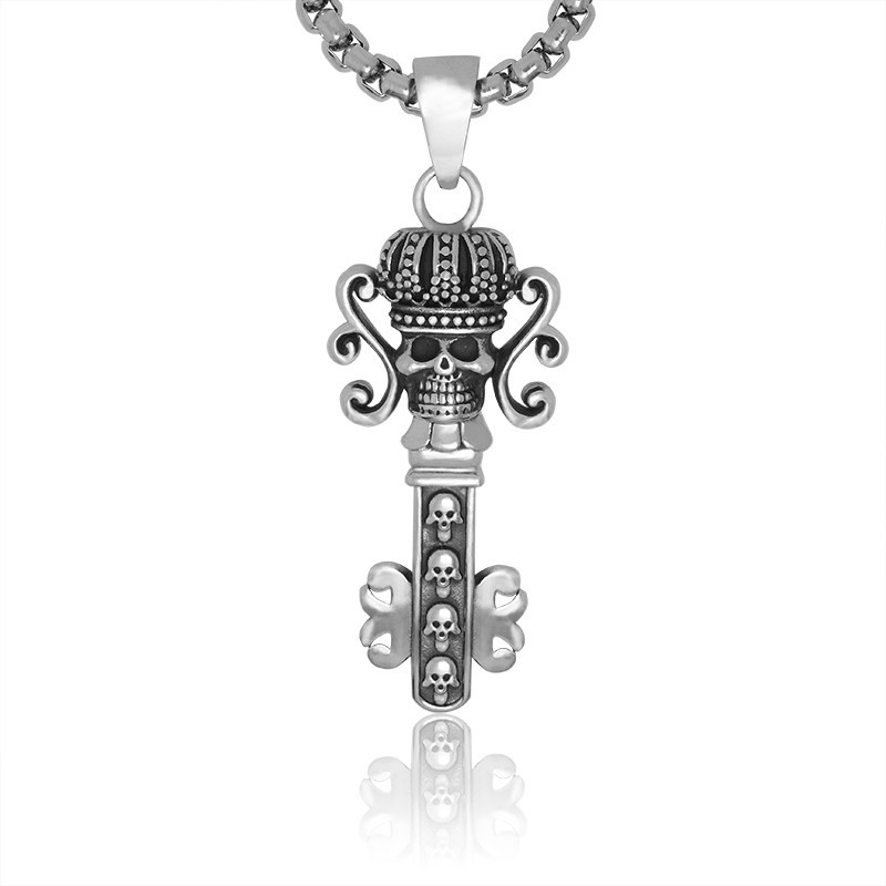 Gothic Rocker Biker Skull Crown Key Stainless Steel Pendant Necklace US Seller