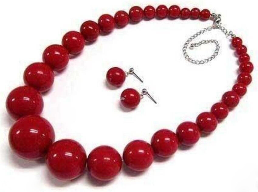 Beautiful Natural 6-14mm Red Coral Round Gems Beads Necklace Earrings 18″ Set
