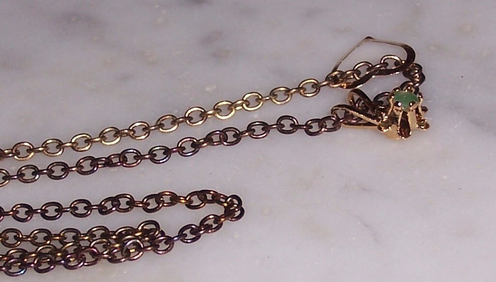 2 Pendants on gold tone chain – No Mark – Heart & Green Prong Set Stone #N378