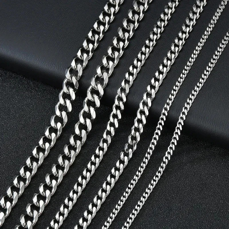 16-36″ Stainless Steel Silver Chain Cuban Curb Womens Mens Necklace 3/5/7/9/11mm