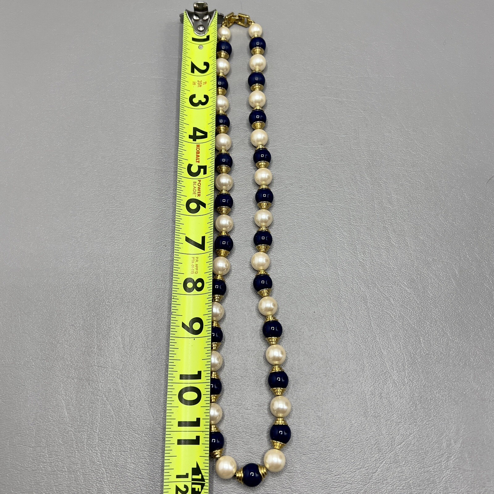 Vintage Fashion Gold Tone Faux Pearl Beaded Blue Beads Necklace Fold Over Clasp