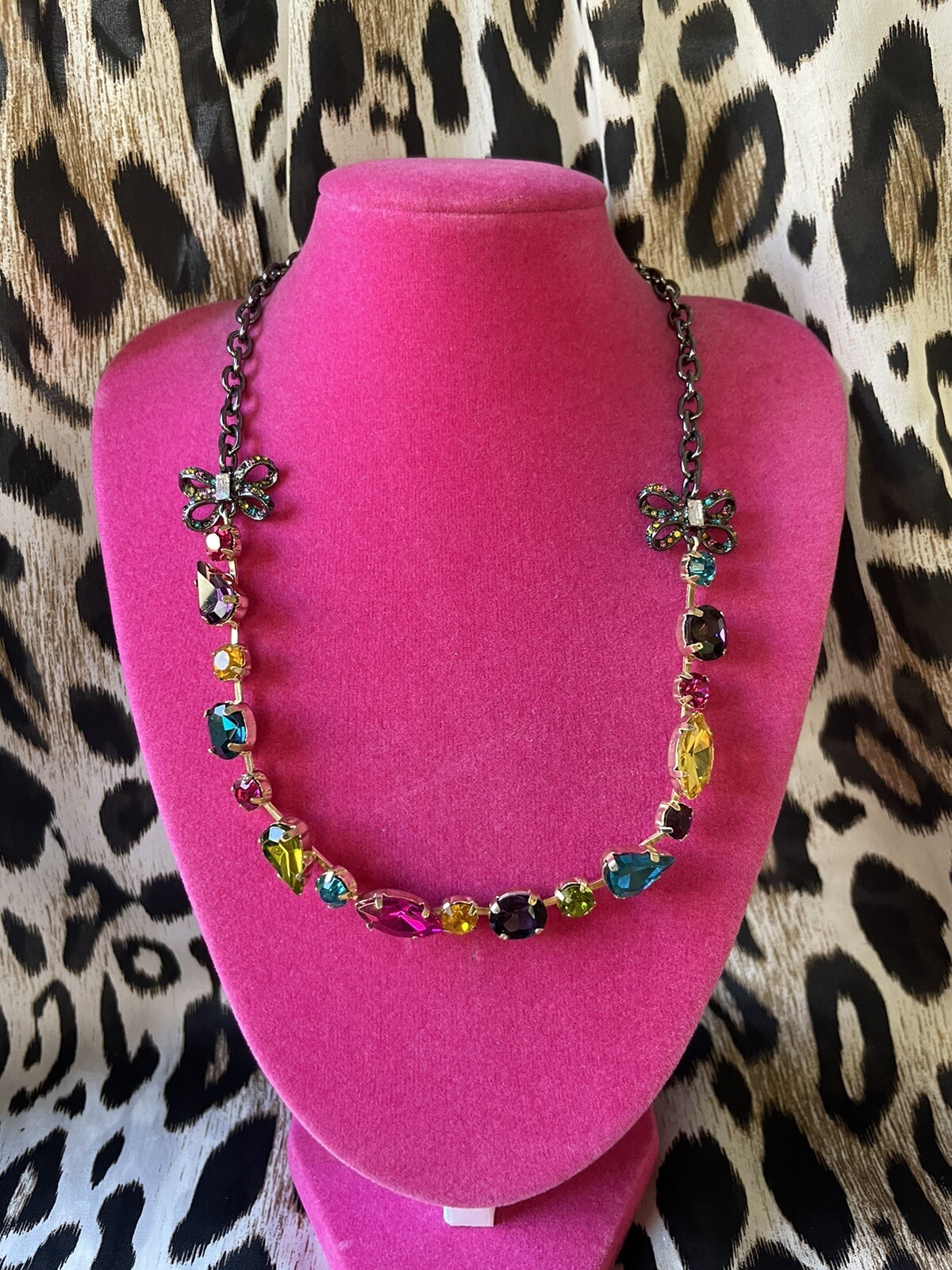 Betsey Johnson All Hallows Pewter Multicolor Crystal Rhinestone Bow Necklace