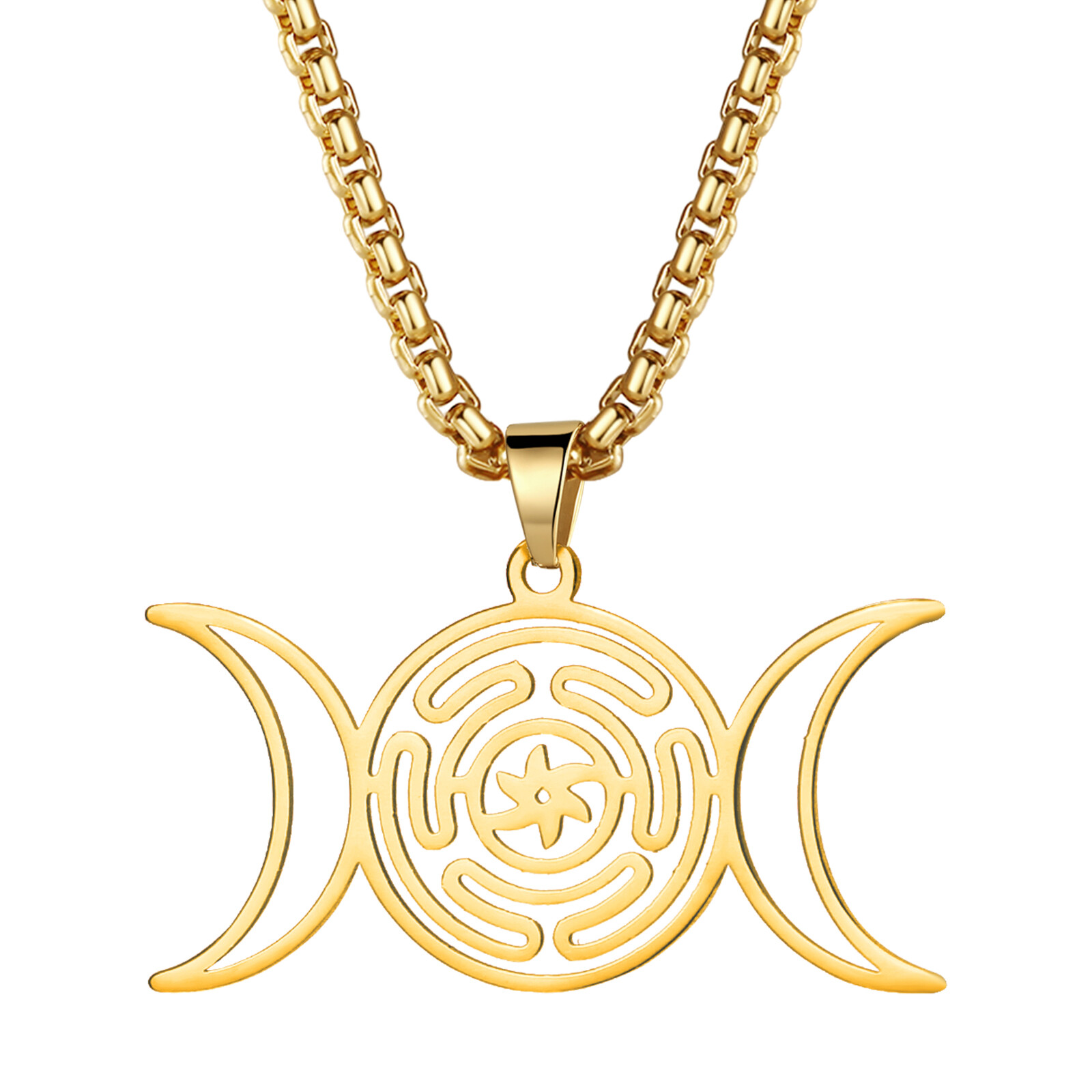 Women Men Stainless Steel Witch Goddess Hecate Triple Moon Magic Dangle Necklace