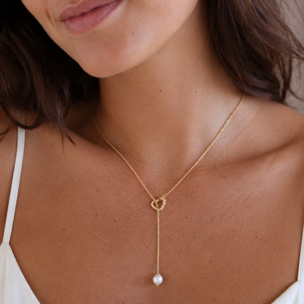 16″ + 2″ 14K Gold Plated Cultured Freshwater Pearl & CZ Heart Lariat Necklace