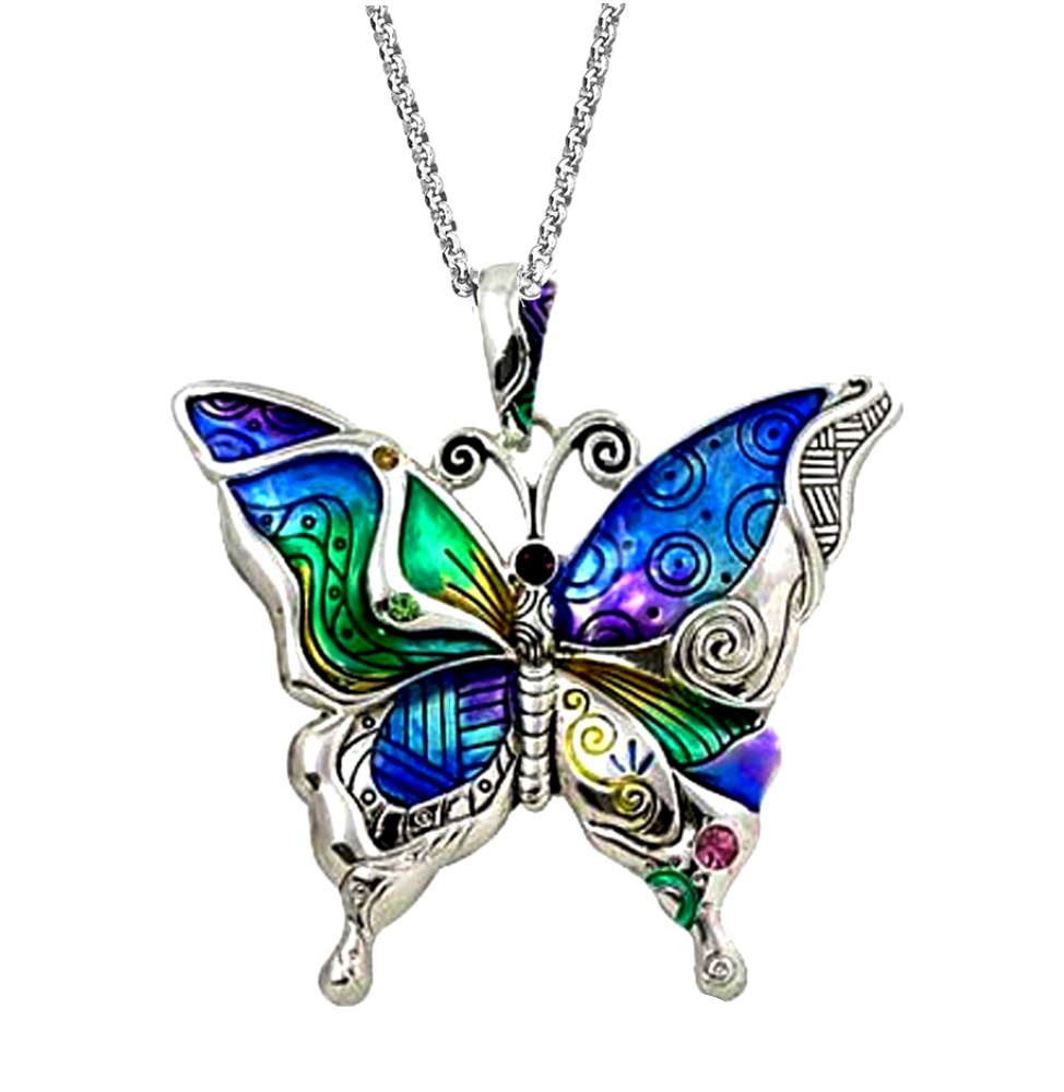 Blue Colorful Butterfly Pendant Necklace with 24″ Stainless Steel Chain