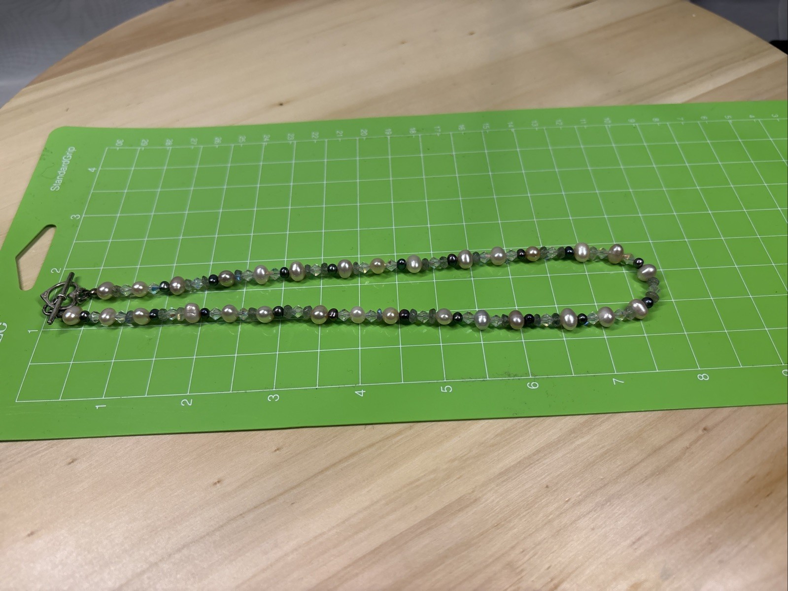 Fresh Water Pearls, Crystal Beads Necklace Heart Shaped Toggle 925 16 1/2” Long