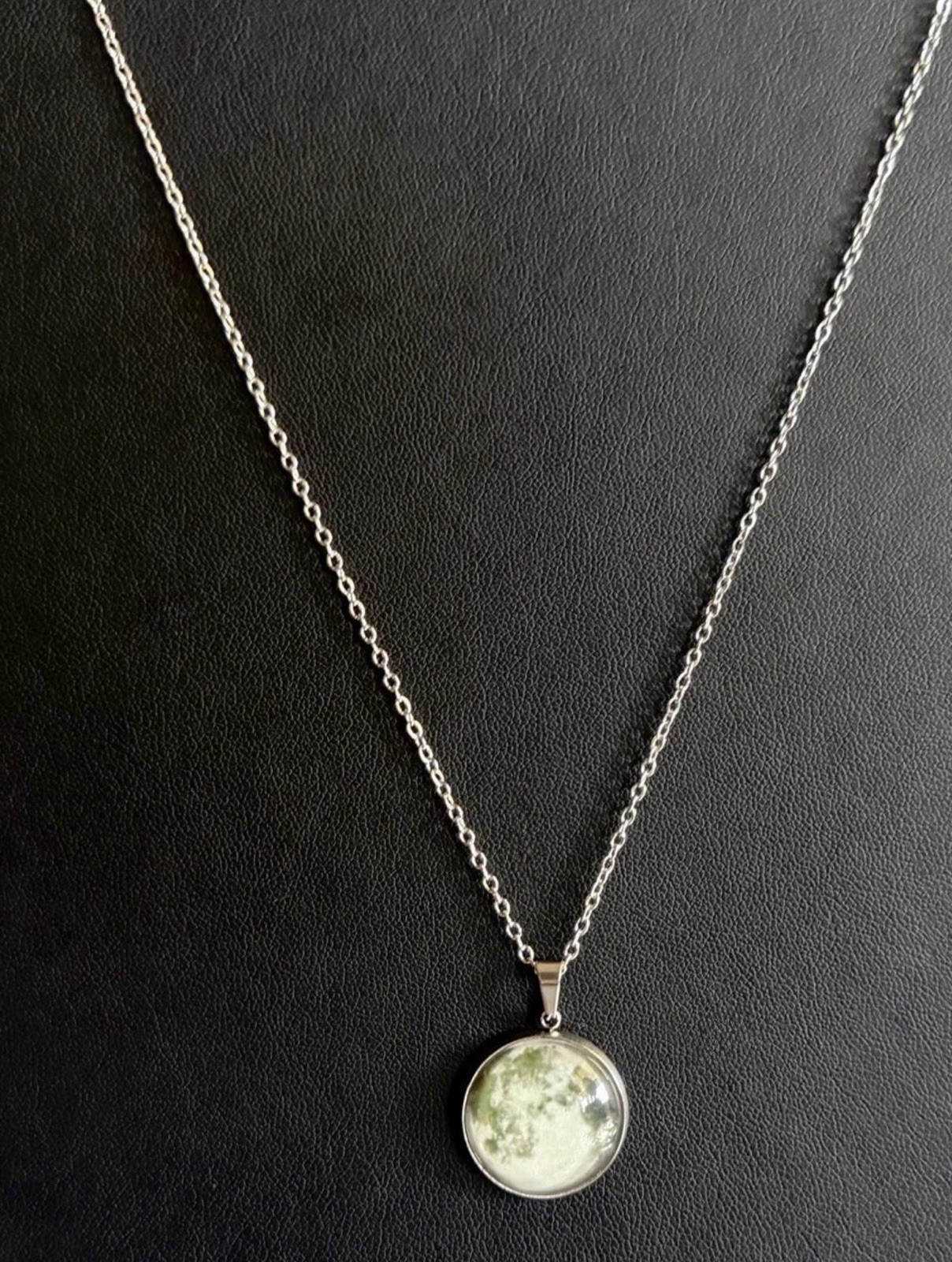 Glow in the Dark ✨ Full Moon Pendant Necklace with Silver Chain 🪐🌌