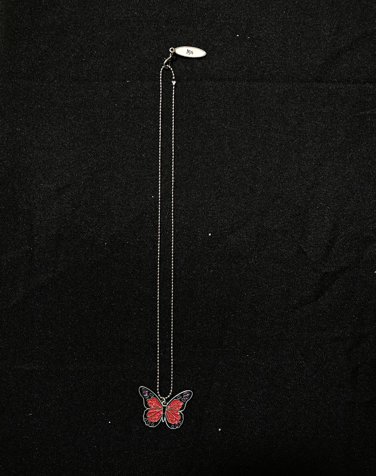 Mia Butterfly Charm Pendant Necklace, Silver Tone Cable Chain, Red Purple Enamel