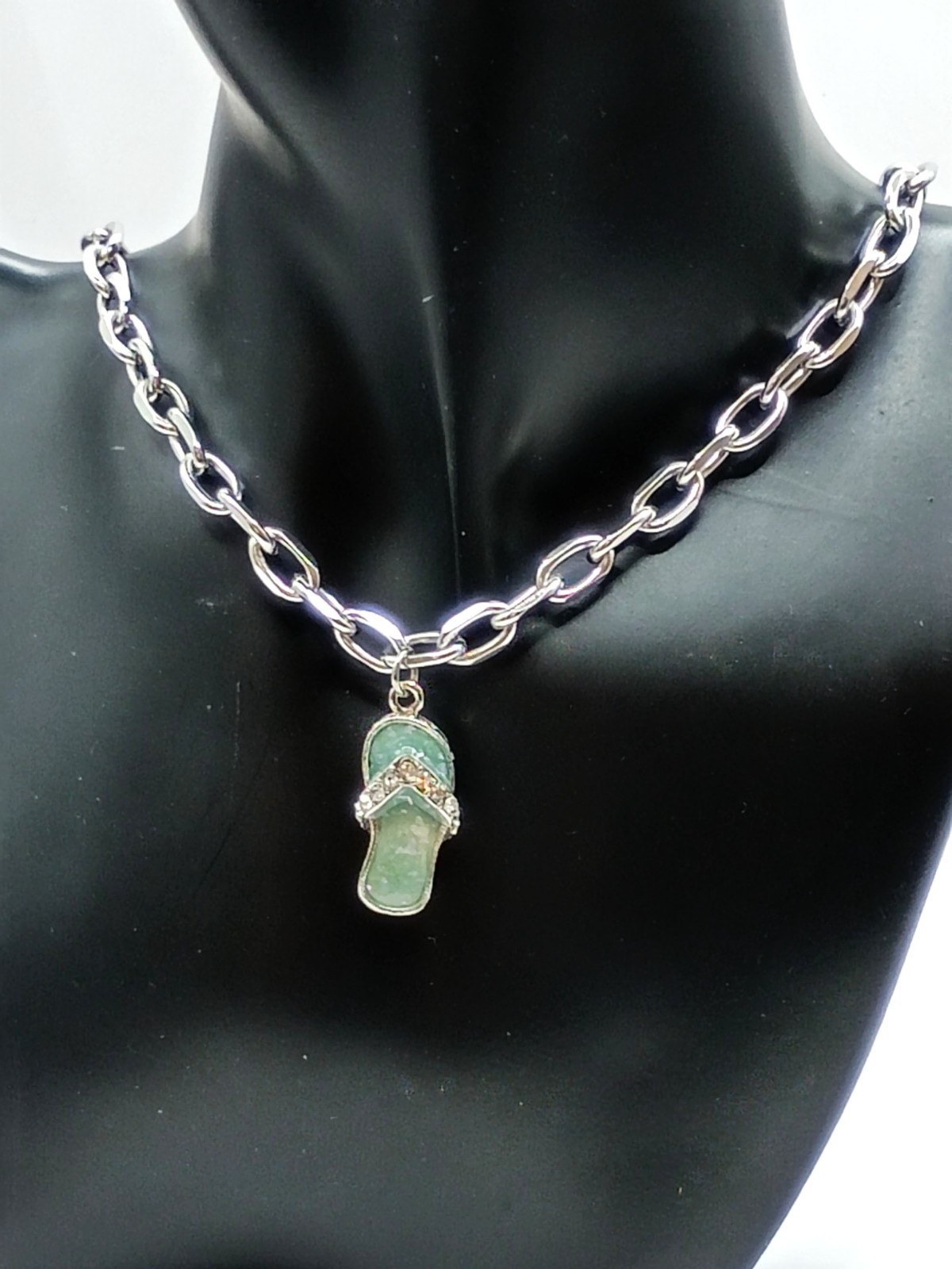 Flip Flop Necklace w/Rhinestone Strap | 316L Surgical Stainless Steel | Sea Blue