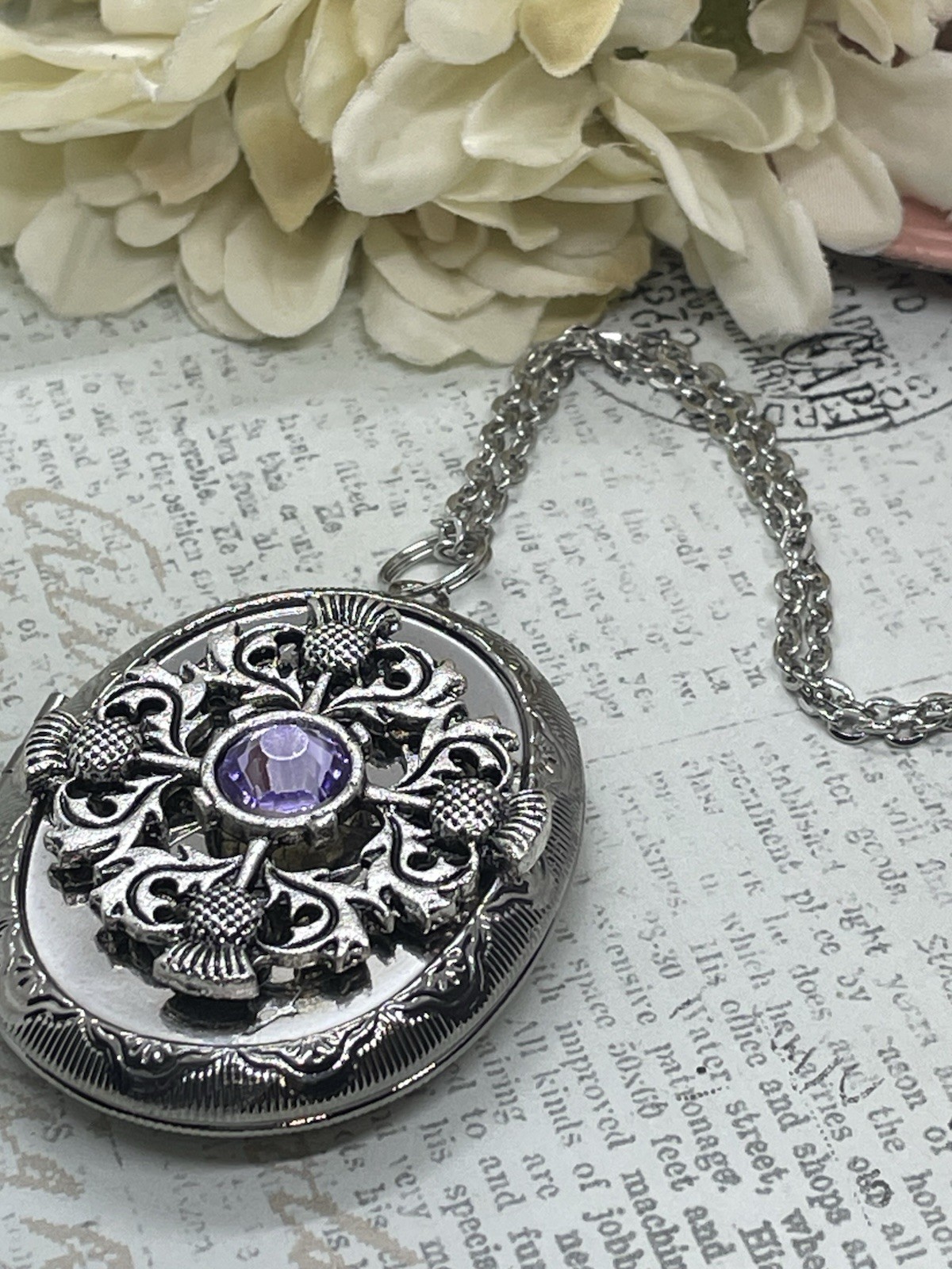 Silver Purple SCOTTISH THISTLE Scotland LOCKET NECKLACE CAMEO PHOTO CELTIC gift