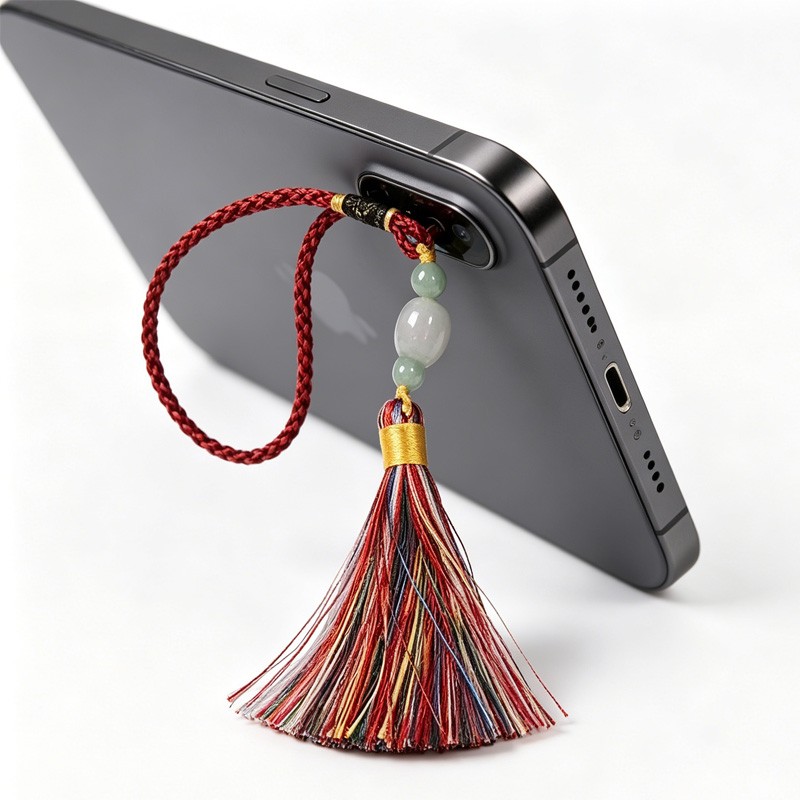 Mini Tassel Phone Charm – Red Mala Tassel Pendant with Jade Beads & Hanging Loop
