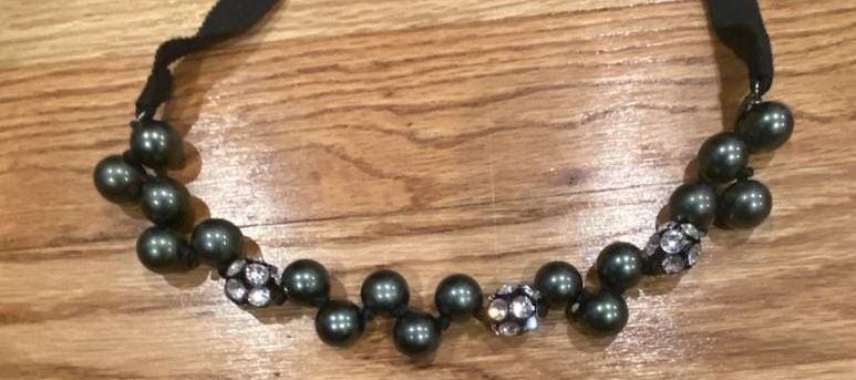 J.Crew Beaded Ribbon Tie Necklace with Rhinestone and Pearl-like Beads