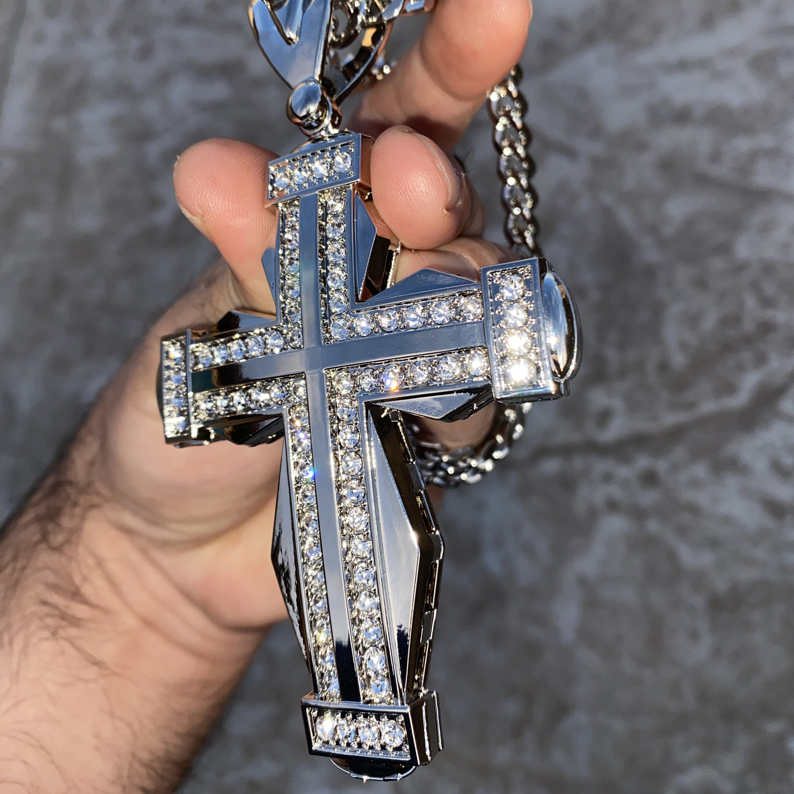 Men Huge Double Cross Pendant Jesus Necklace Silver Tone Hip Hop Cuban Chain 30″