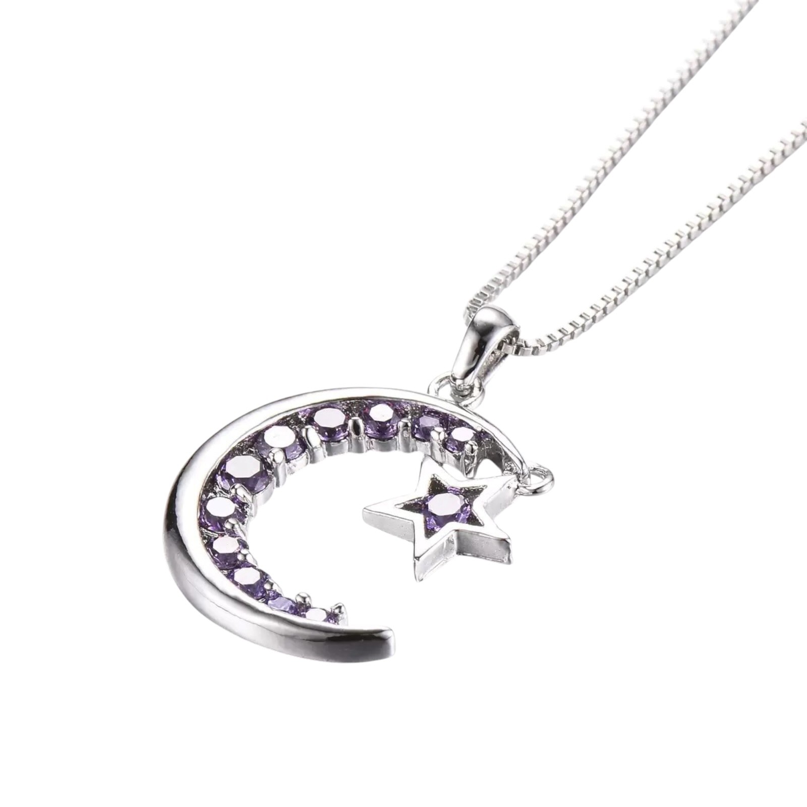 Amethyst Star Crescent Moon Women 925 Sterling Silver Pendant 18″ Necklace A 94