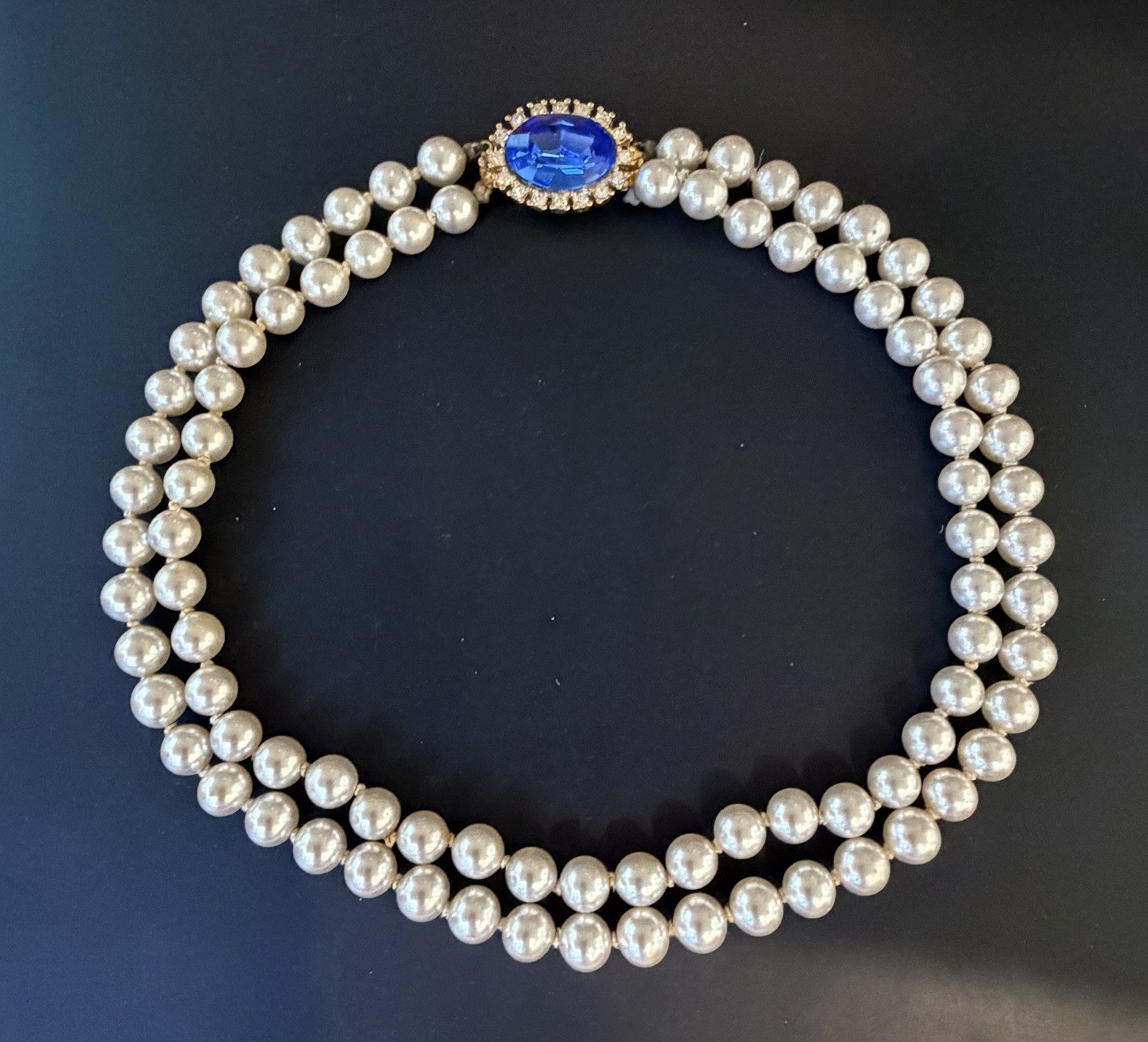 Vintage TARA Double Strand Pearl Chocker with Blue & Clear Crystal Clasps