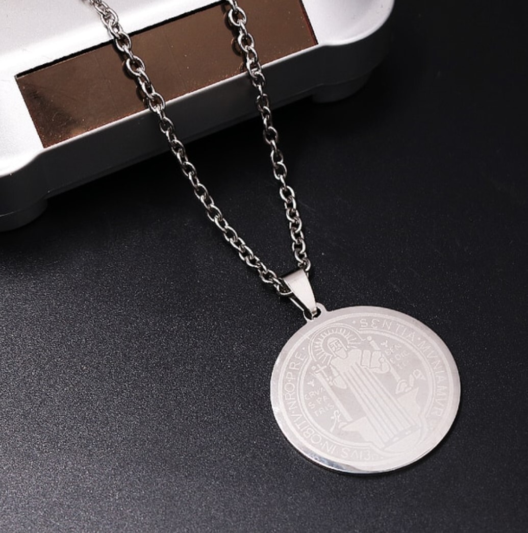 Stainless Steel St Benedict Laser Engraved Pendant with 55cm(21.7 in) chain