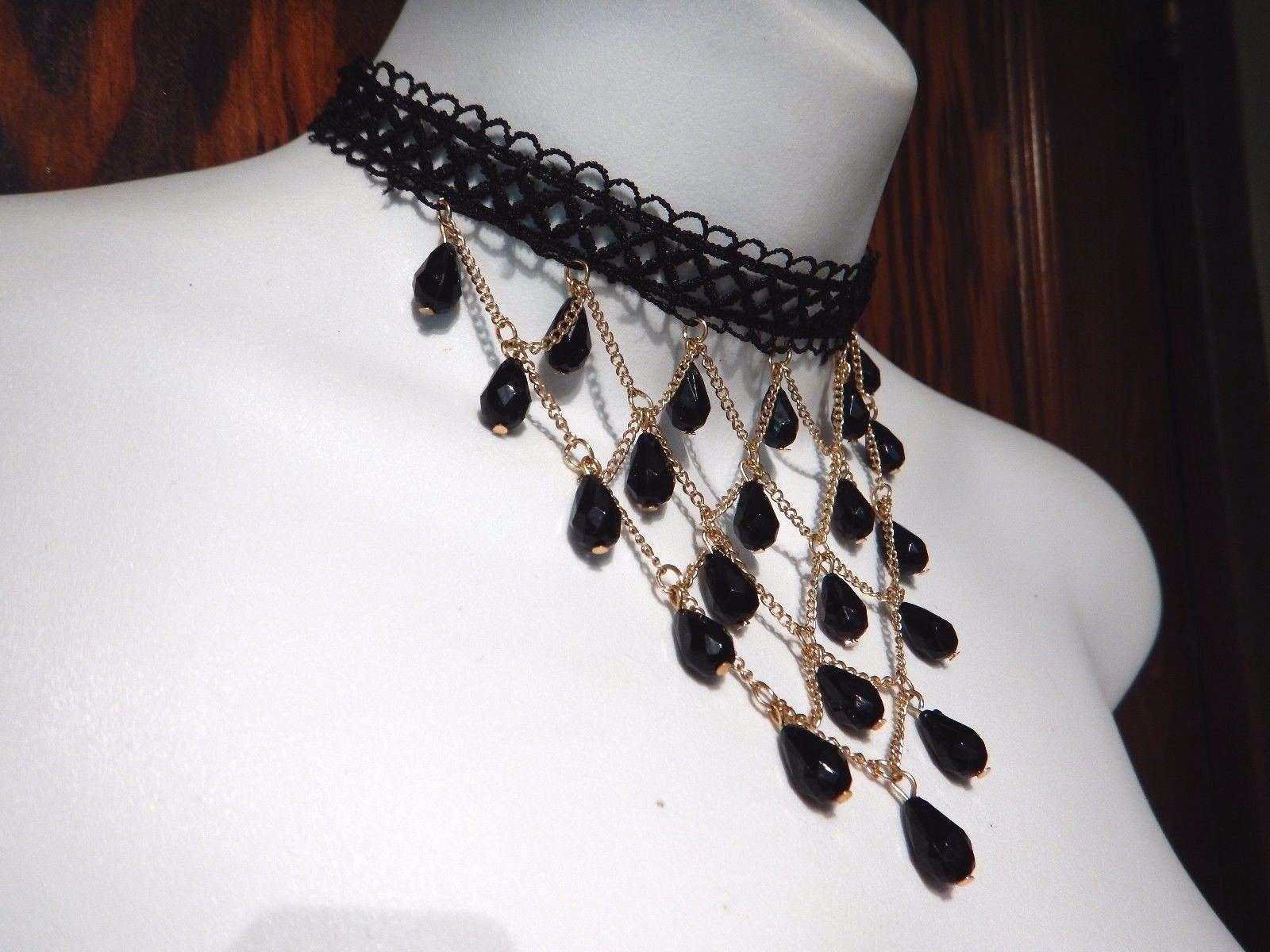 BLACK & GOLD FISHNET BIB CHOKER lace chain beaded gothic necklace new N3
