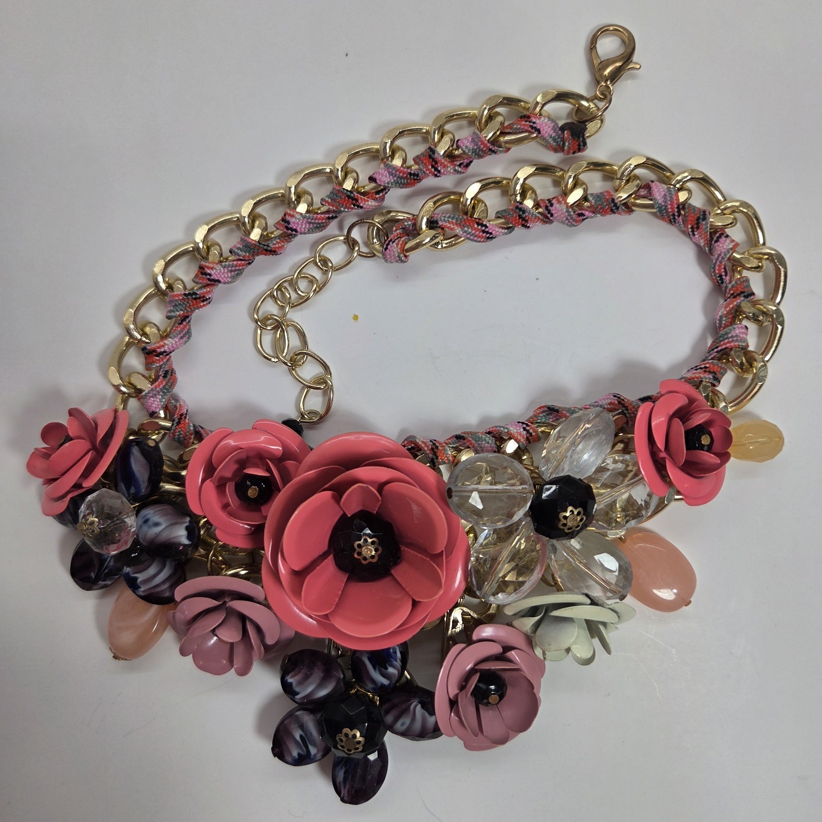 Multicolor Floral Bib Collar Statement Necklace Cable Chain Adjustable 18in