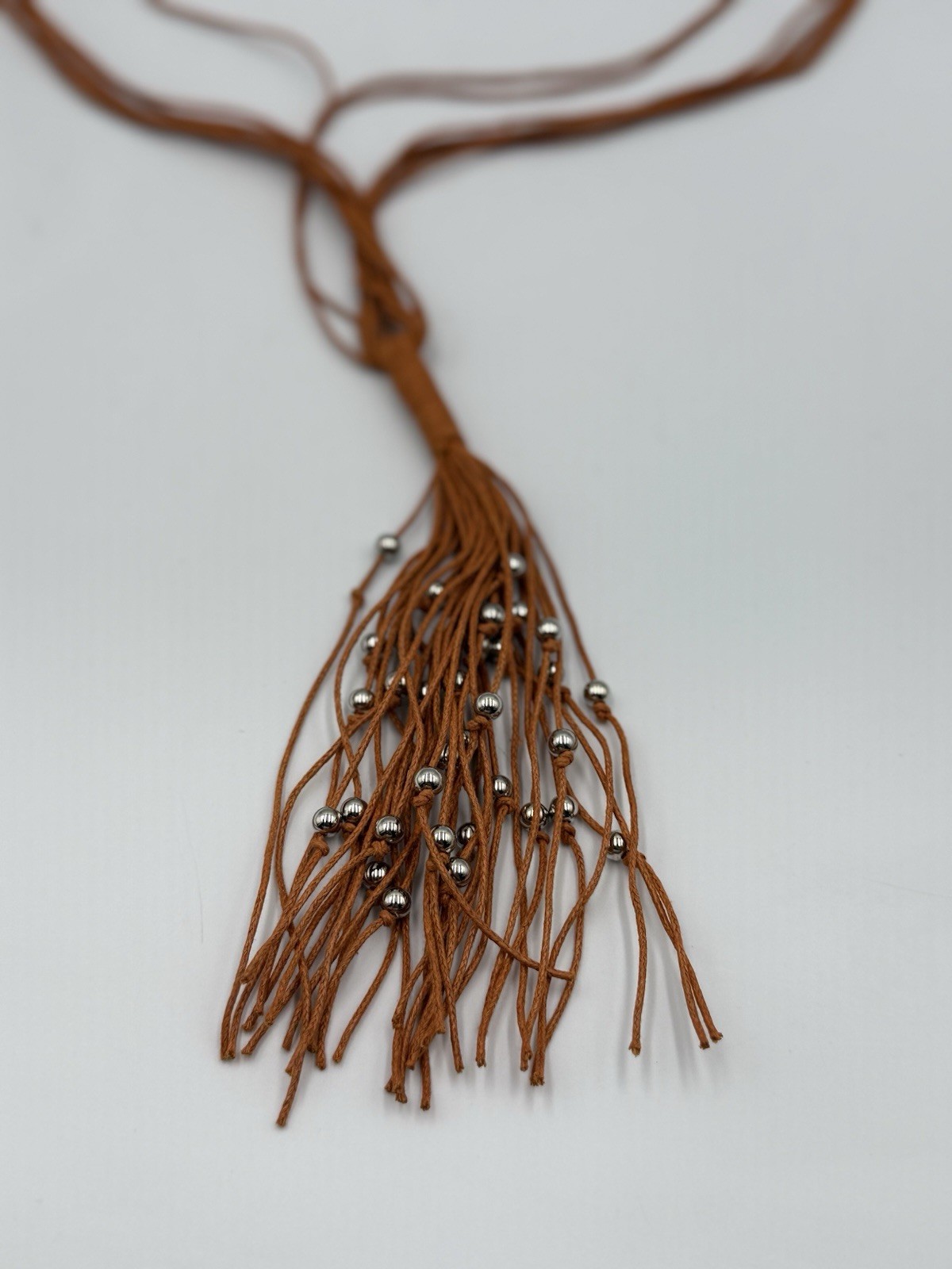Boho Brown Multi Strand Tassel Lariat Necklace Silver Tone Beads